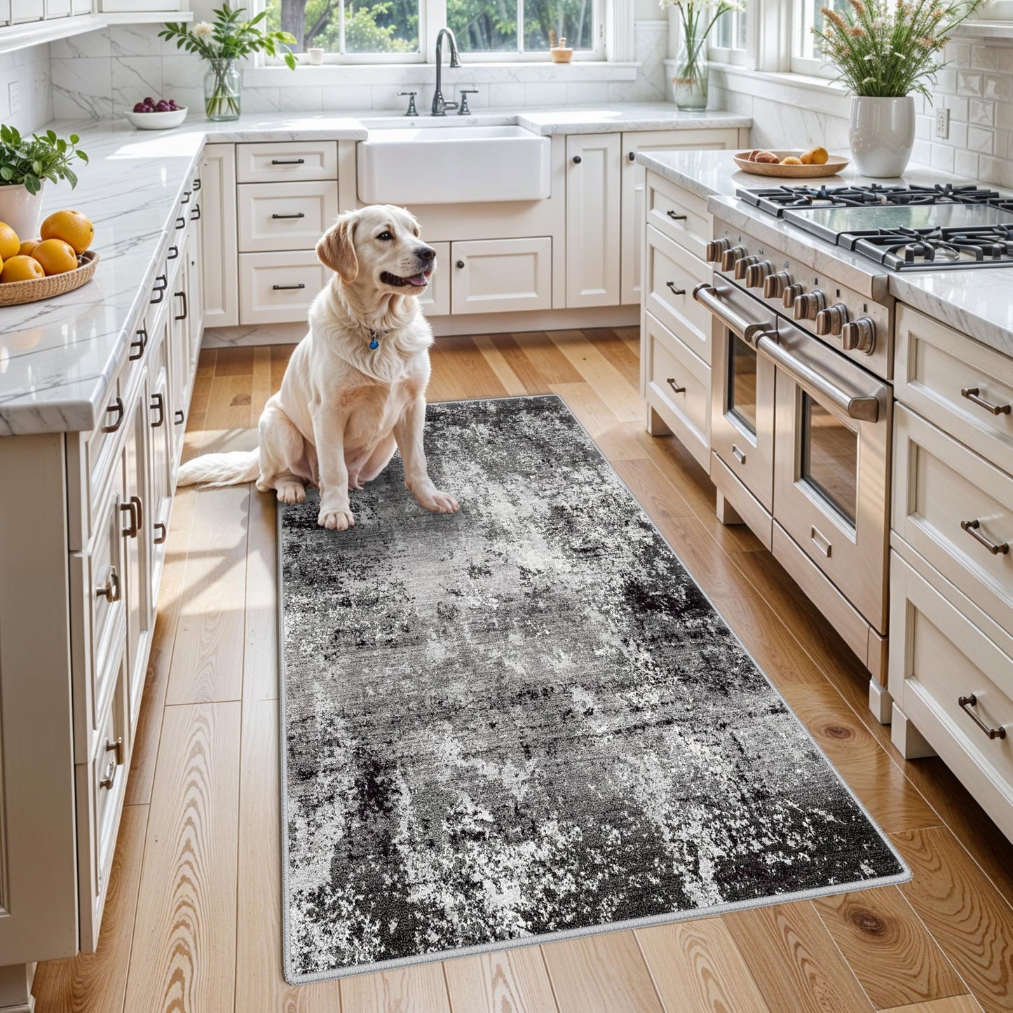 2x3 Washable Entryway Rug – Non-Slip Modern Abstract Neutral Small Throw Area Rug for Kitchen, Bedroom – Soft Low Pile Thin Indoor Door Mat（Black Grey,2x3） BST326H