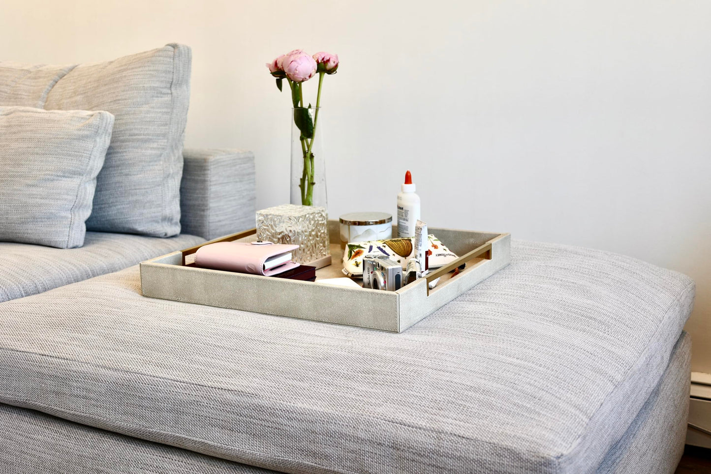 Sagala 16"x16" Ivory Shagreen Leather Serving Tray with Handles for Ottoman Coffee Table, Stylish Decorative Tray for Living Room Modern Home Decor (Ivory-Black, Square 16") BST220