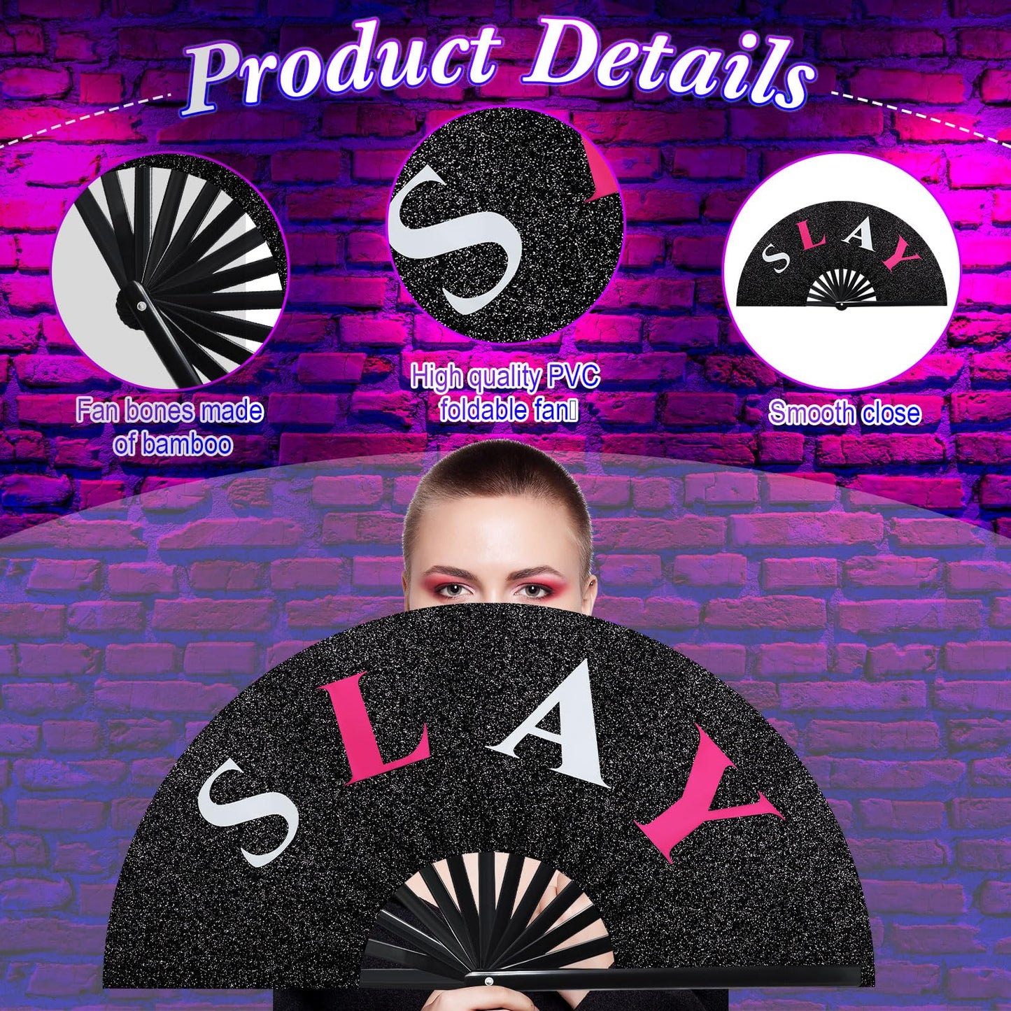 FairySandy Large Rave Fan UV Glow Clack Summer Hand Fan with Thigh Holster for Women Carnival Party Supplies for Carnival Edm Music Festival Club Accessories(Cool Style,Black) WN420
