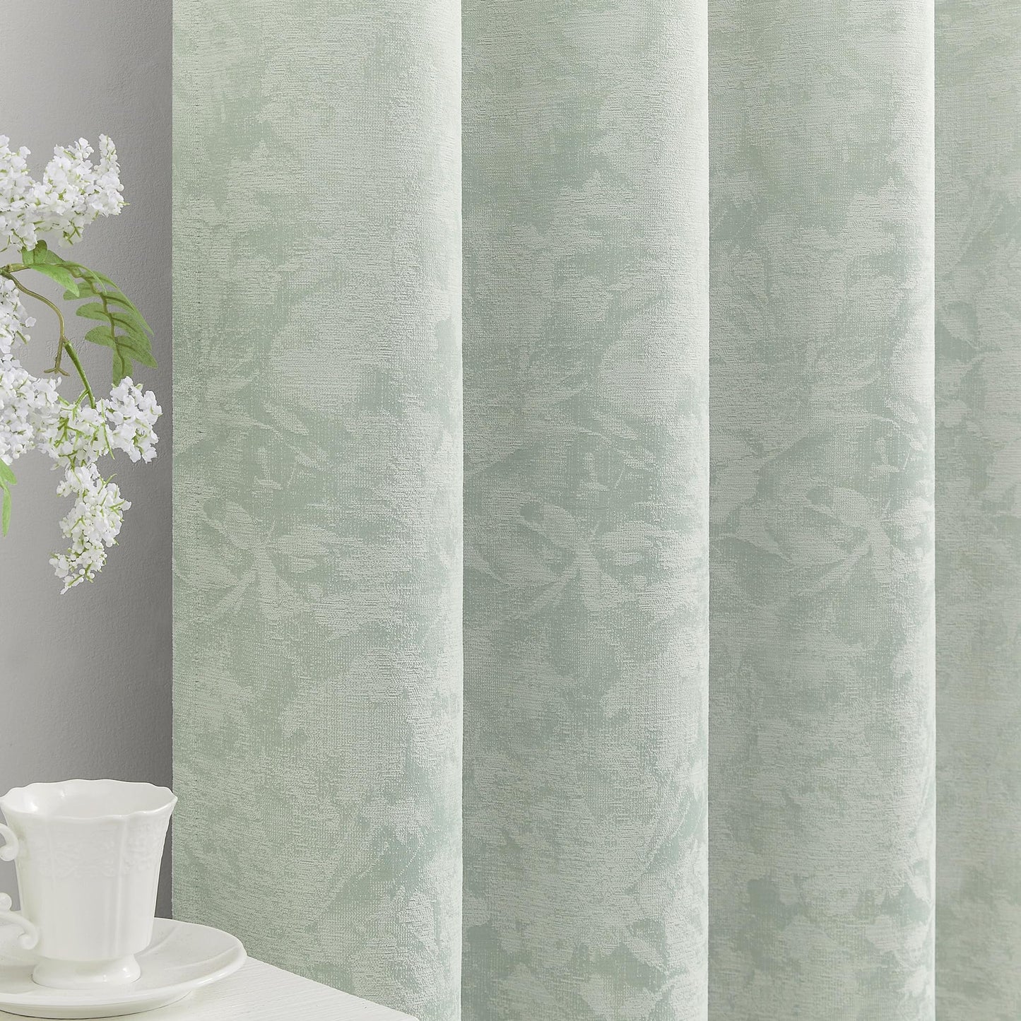 Beauoop Green Floral Jacquard Blackout Curtains 90 Inches Long 2 Panels for Bedroom Living Room Sage Flower Chenille Room Darkening Thermal Insulated Soundproof Grommet Window Treatments Drapes, 52x90 BST220
