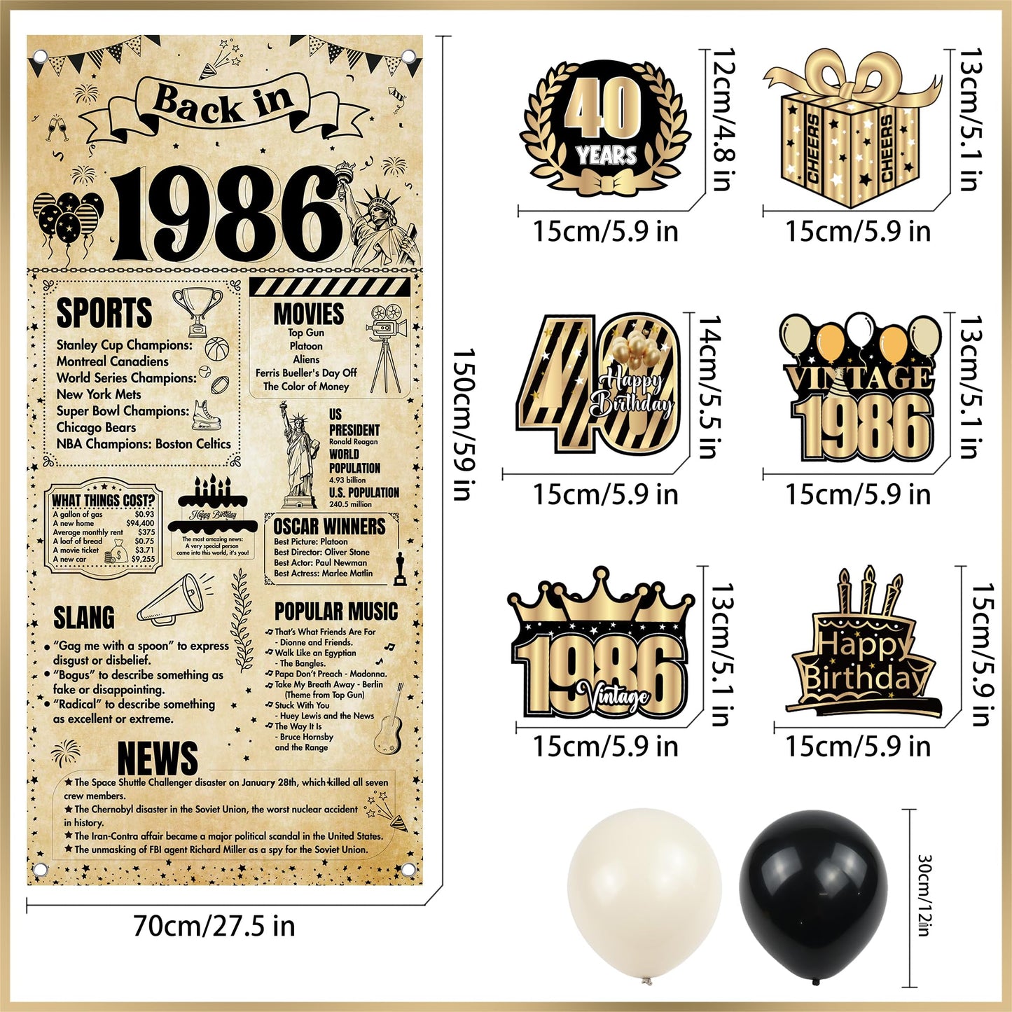 Happy 40th Birthday Decorations Men - 27 Pcs Retro Newspaper Theme Awesome Since 1986 Letter Banners Hanging Swirls Backdrop Latex Balloons for Men Women 40 Years Old Birthday Party Decor Supplies BST326L
