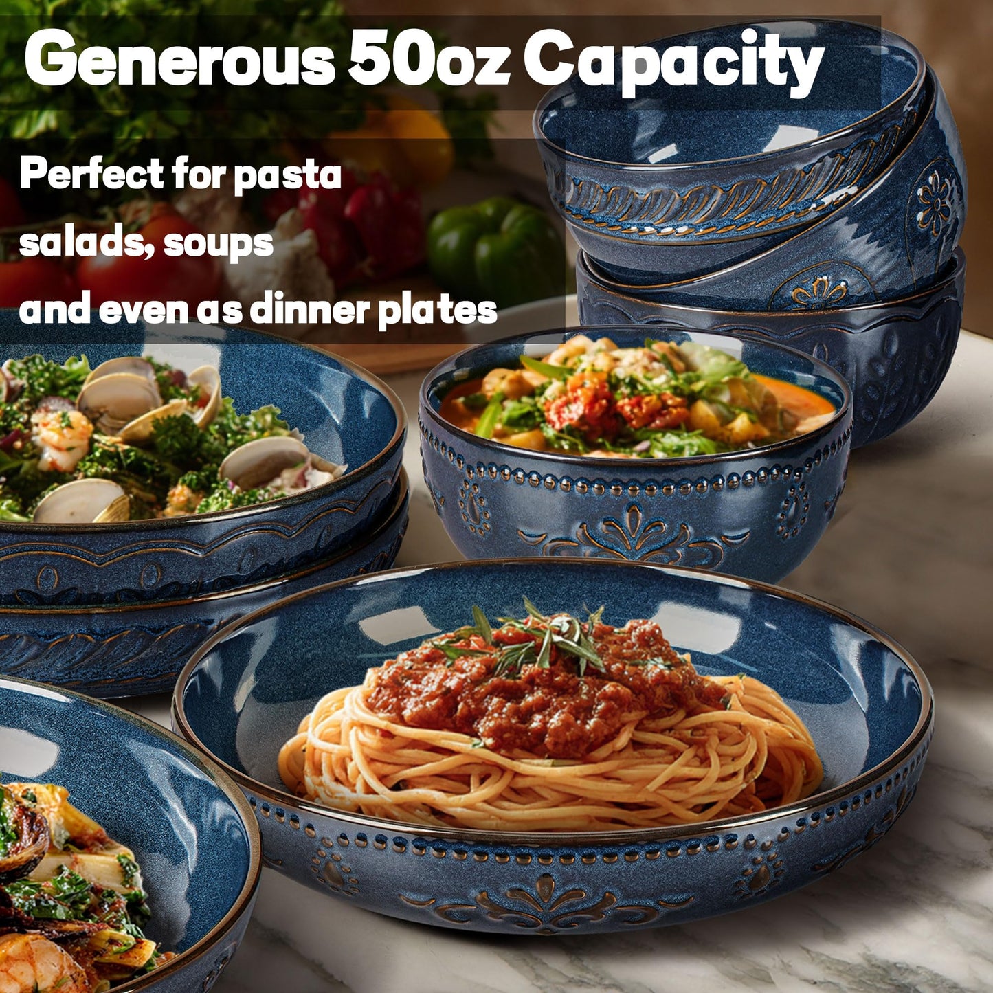 Artena Pasta Bowls, 50oz Large Salad Serving Bowls, 9.75'' Plates Bowls Set of 4, Big White Ceramic Soup Bowls for Kitchen, Embossment Shallow Dinner Bowl, Microwave Dishwasher Safe, Willow Leaf BST326H