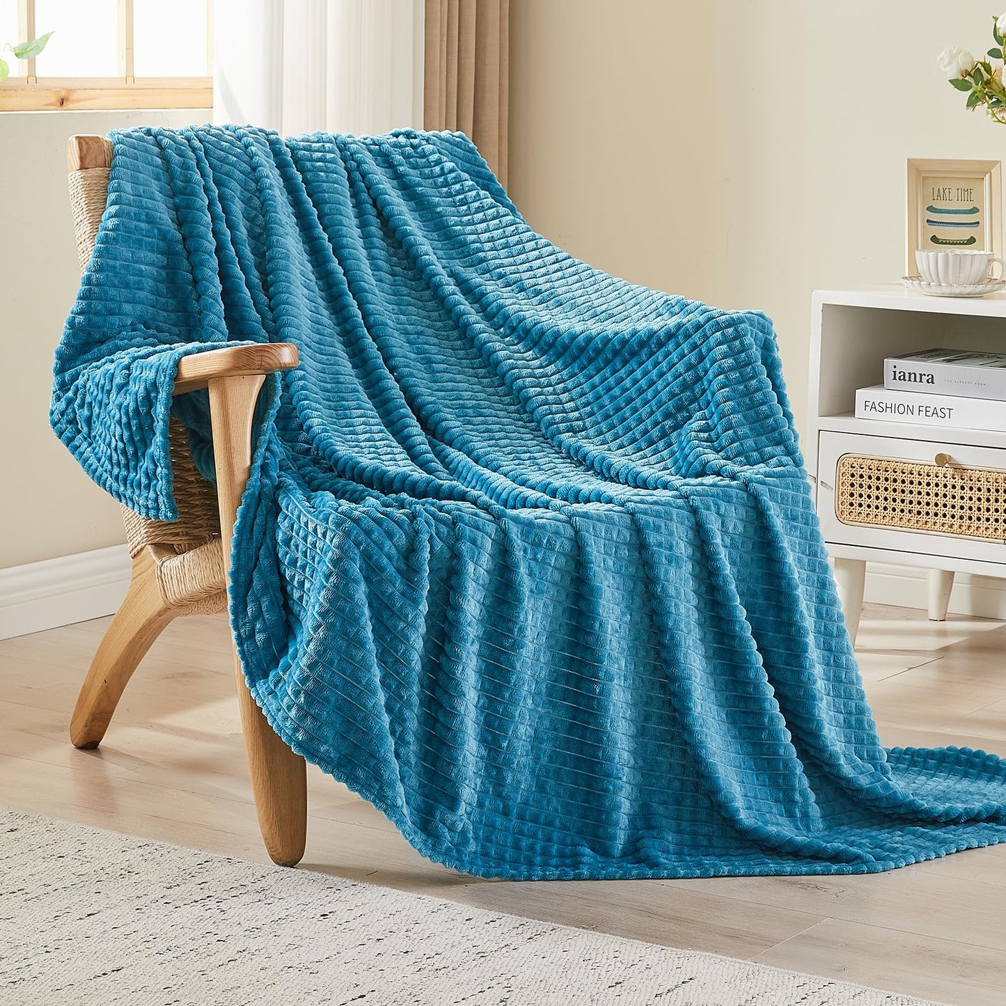 EMME Fleece Blanket, 3D Jacquard Throw Blanket for Couch and Bed, Soft Cozy and Fluffy Blankets Lightweight Luxury Flannel with Waffle Design (Navy Blue, 50" x 60") BST202