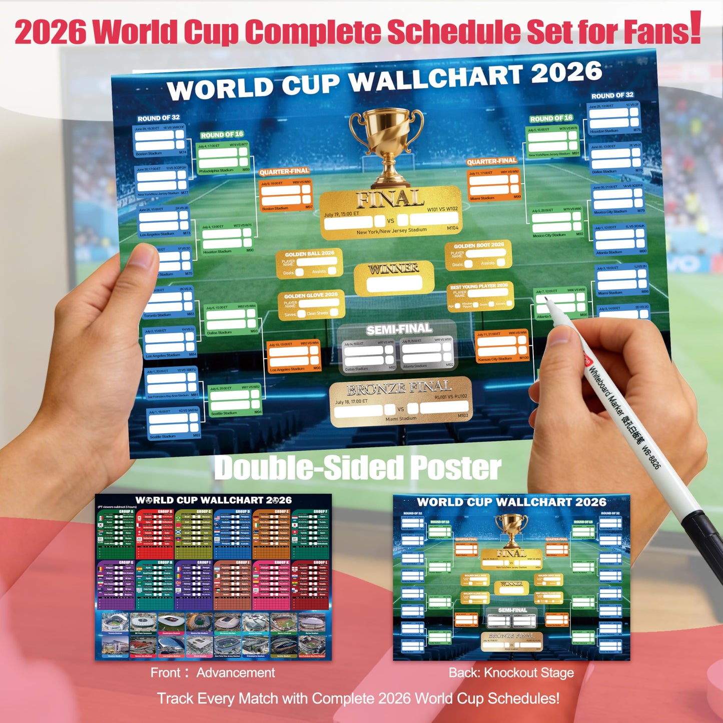World Cup 2026 Fan Accessories with Large 3x5 ft Flag, Match Tracker Poster, Stickers, Cheering Sticks, Clapper & Scarf, World Cup Decorations Fan kit for Soccer Watch Party, Stadium and Home Cheering BST202