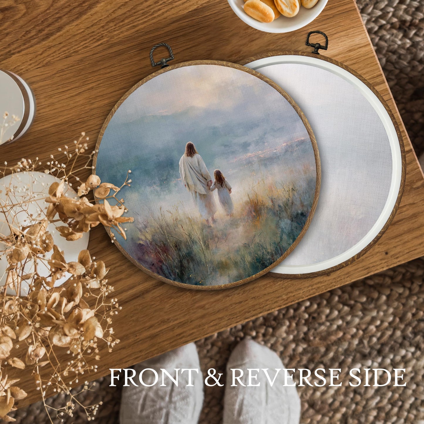 BitKAM Jesus and Lamb Christian Round Wall Art Decor, Jesus Saves the Lost Lamb Canvas Prints Framed, Religious Wall Hanging Decorations for Church Home Bedroom Living Room, 10x10 Inch Wall Sculptures BST326L