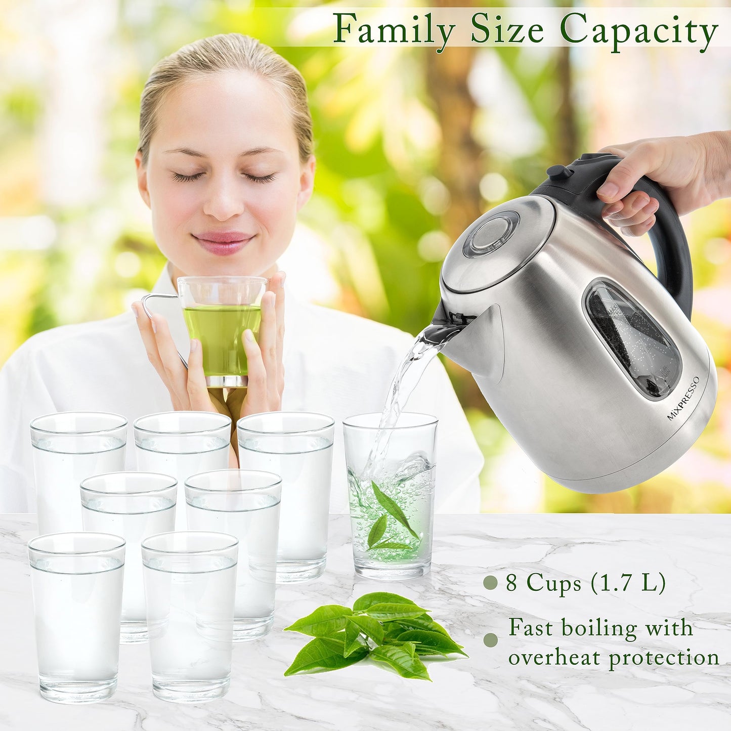 Mixpresso Electric Kettle Temperature Control, Hot Water Kettle Electric, Cordless 1 Liter Capacity, Keep Warm & LED Indicator, Auto-Shutoff, Boil-Dry Protection, Stainless Steel Electric Kettle BST220