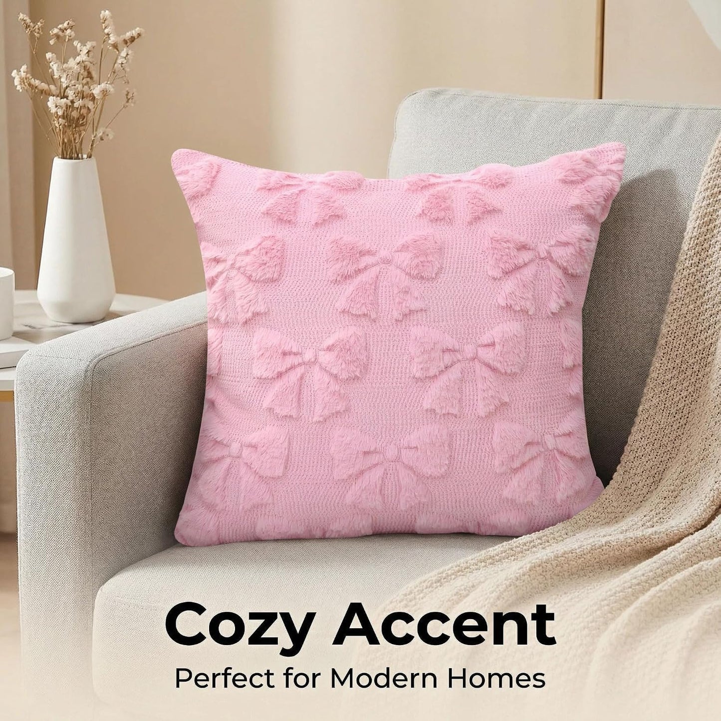 Pink Bow Pillow Covers 18x18 Inch Set of 3 Cute Bowknot Throw Pillow Cover Soft Plush Cushion Covers Aesthetic Pillowcase for Coquette Room Decor BST326H