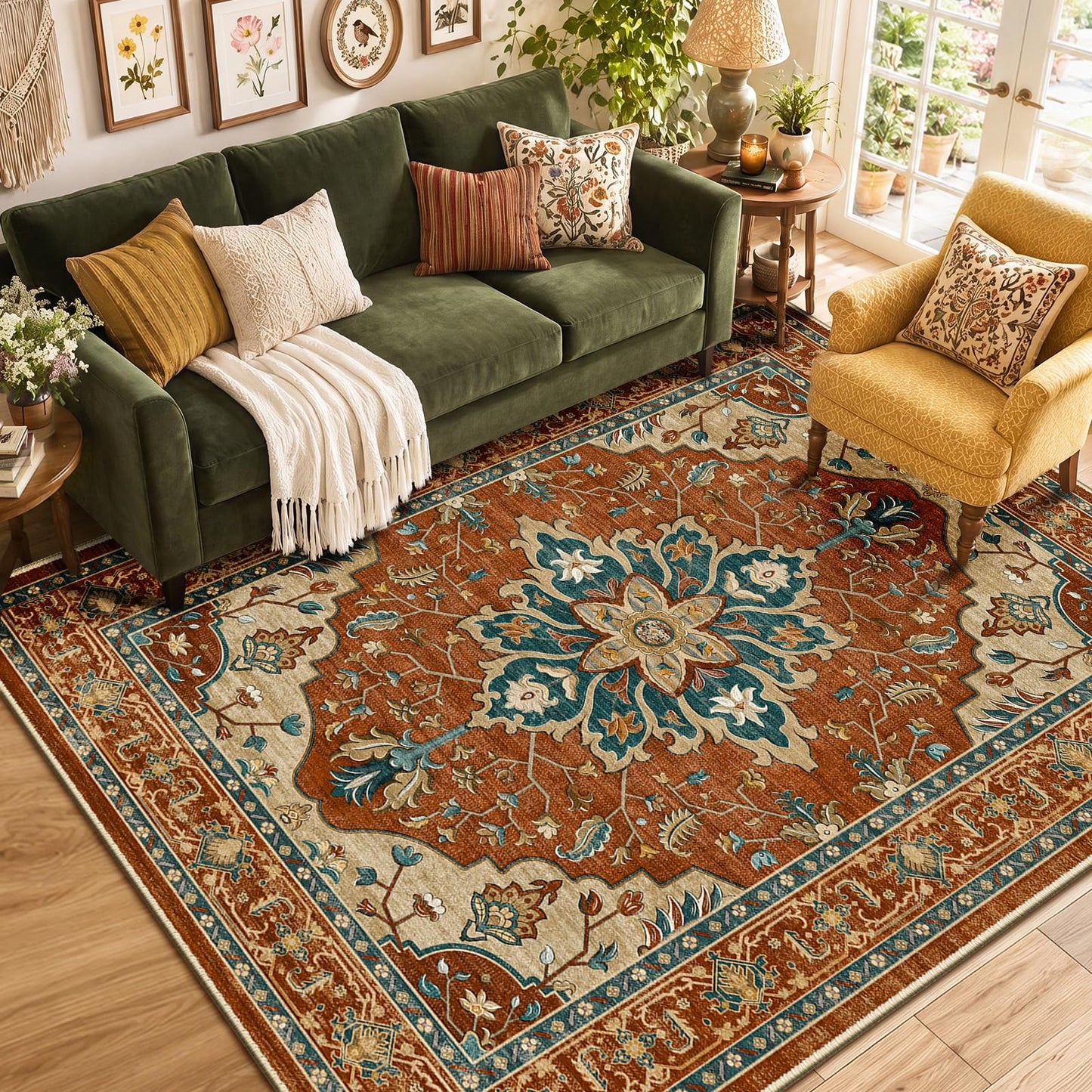 RELEANY Area Rugs Runner 2'x6' Washable Non-Slip, Floral Vintage Distress Medallion Carpet for Kitchen Hallway Bedroom Beside Laundry Room Bathroom, Teal Green Lake Blue Turquoise DD1210