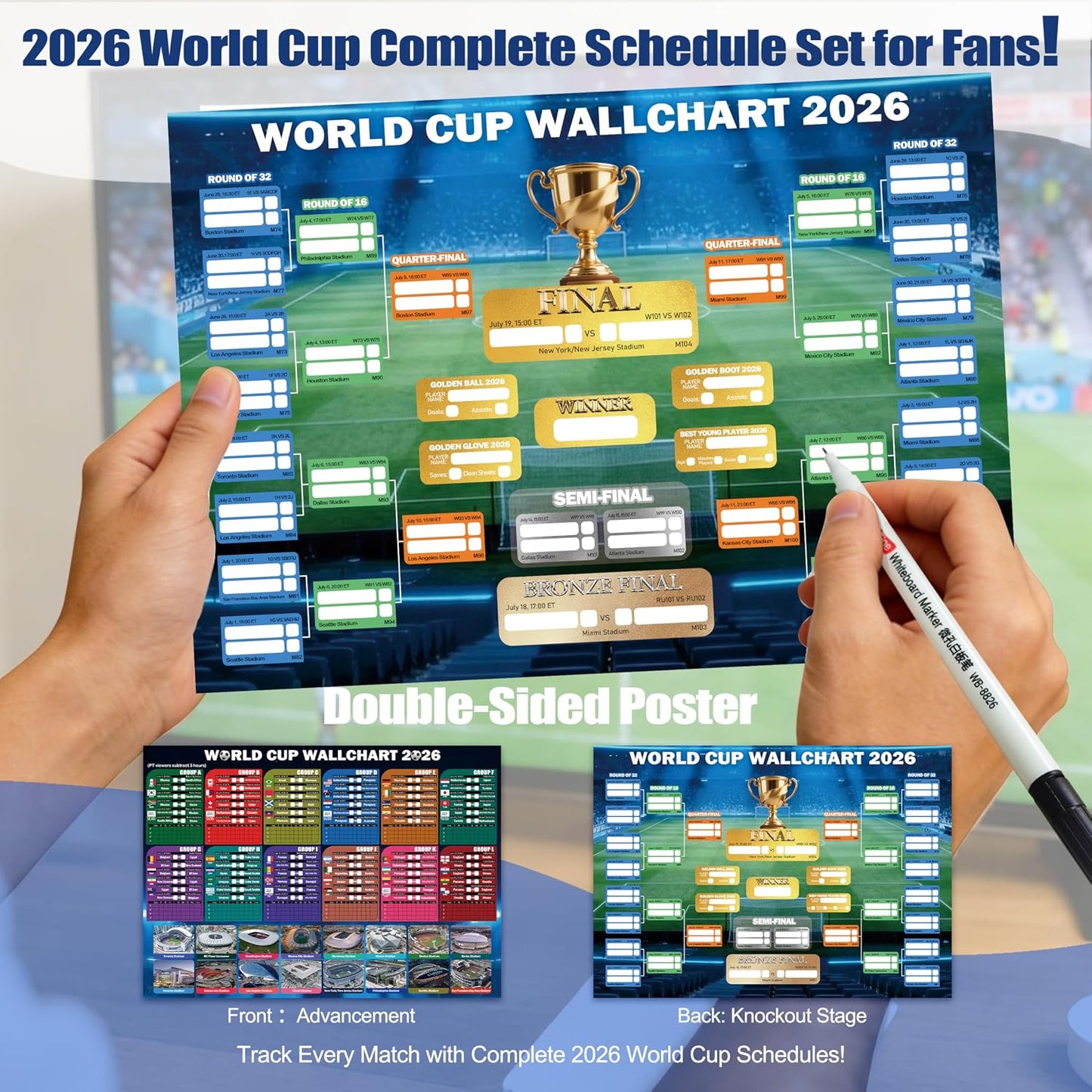 Large American Flag 3x5 Ft 59 x 35 in with Soccer Watch Party Accessories, Temporary Tattoos, Glasses, Scarf, Wristband, Thunder Sticks, Clapper, 2026 World Cup Wall Chart BST202