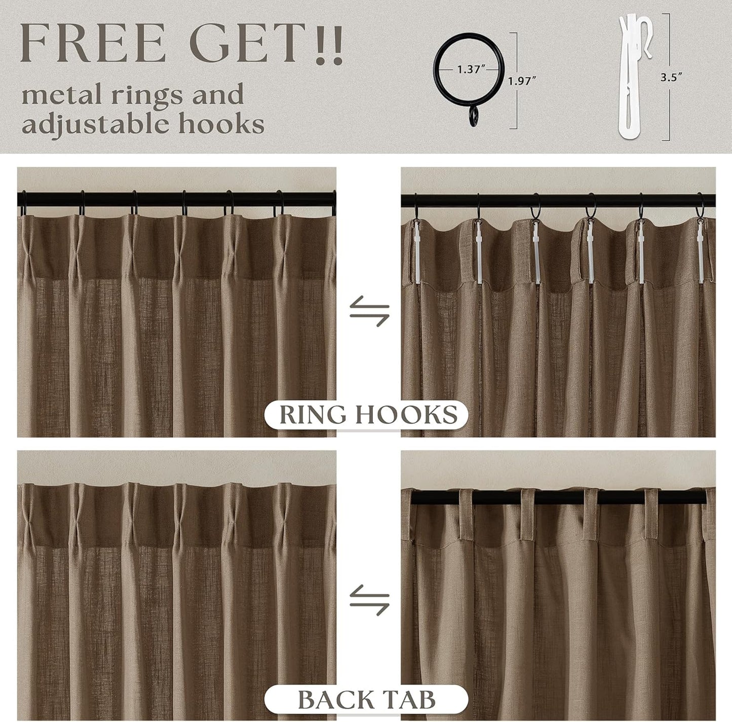 TWODRAPES Brown Pleated Linen Curtains 96 Inches Long Living Room 2 Panel Set Semi Sheer Light Filtering Pinch Pleat with Rings Hooks Drapes Boho Rustic Farmhouse Dutch Cocoa Curtain Bedroom Window