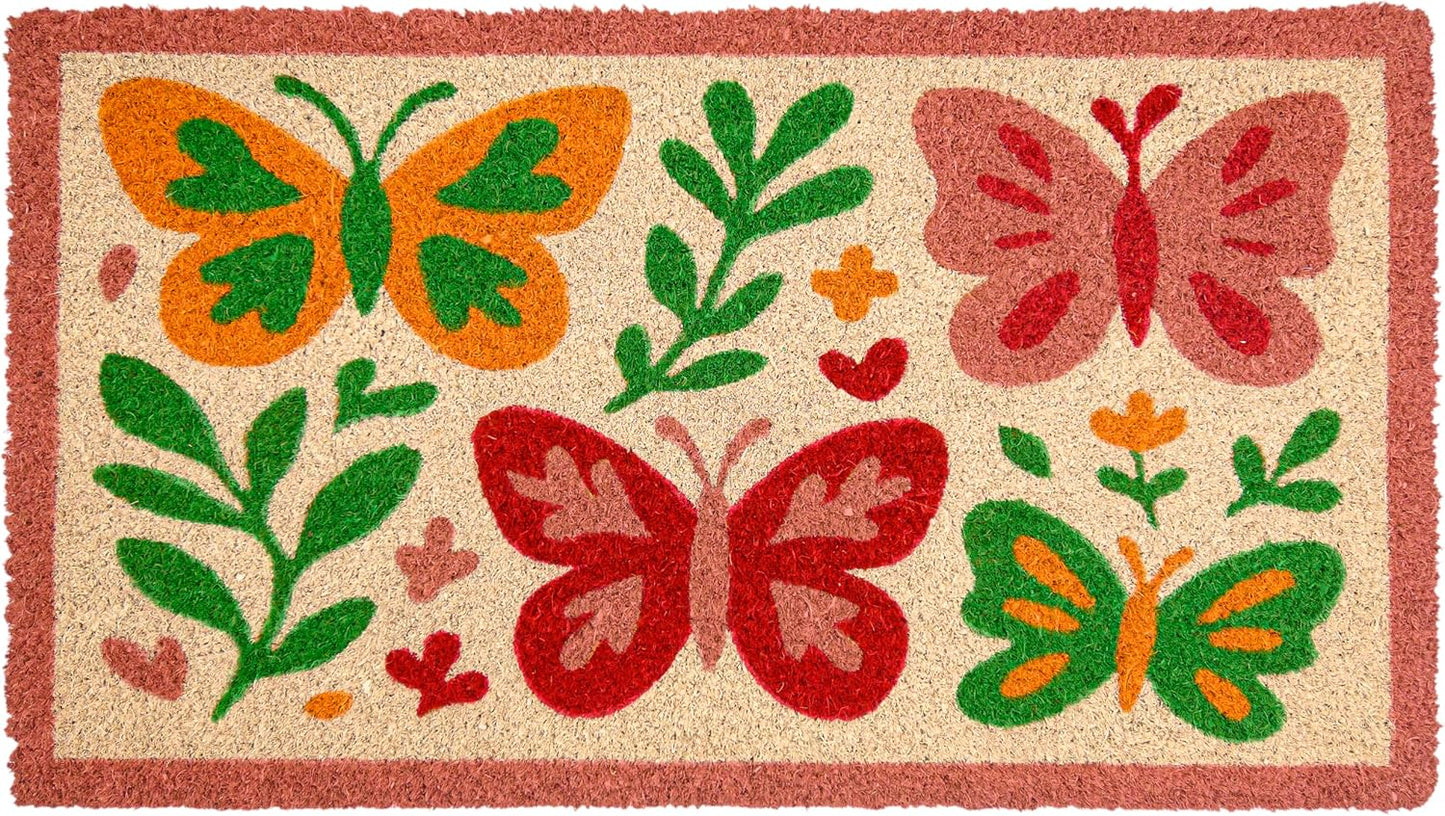 MAINEVENT Butterfly Welcome Mat 30x17 Inch, Spring Outdoor Doormat Coir | Natural Coco Fiber Spring Decor, Pvc Backing, Dirt Scraper, Nature-Inspired Farmhouse Decor, Housewarming Gift, Covered Porch BST202