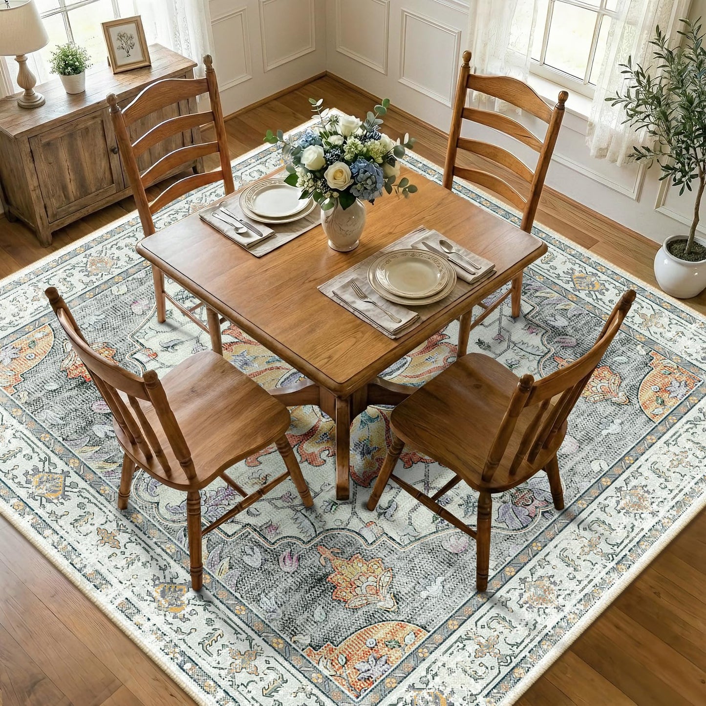 RELEANY Area Rugs Runner 2'x6' Washable Non-Slip, Floral Vintage Distress Medallion Carpet for Kitchen Hallway Bedroom Beside Laundry Room Bathroom, Teal Green Lake Blue Turquoise DD1210