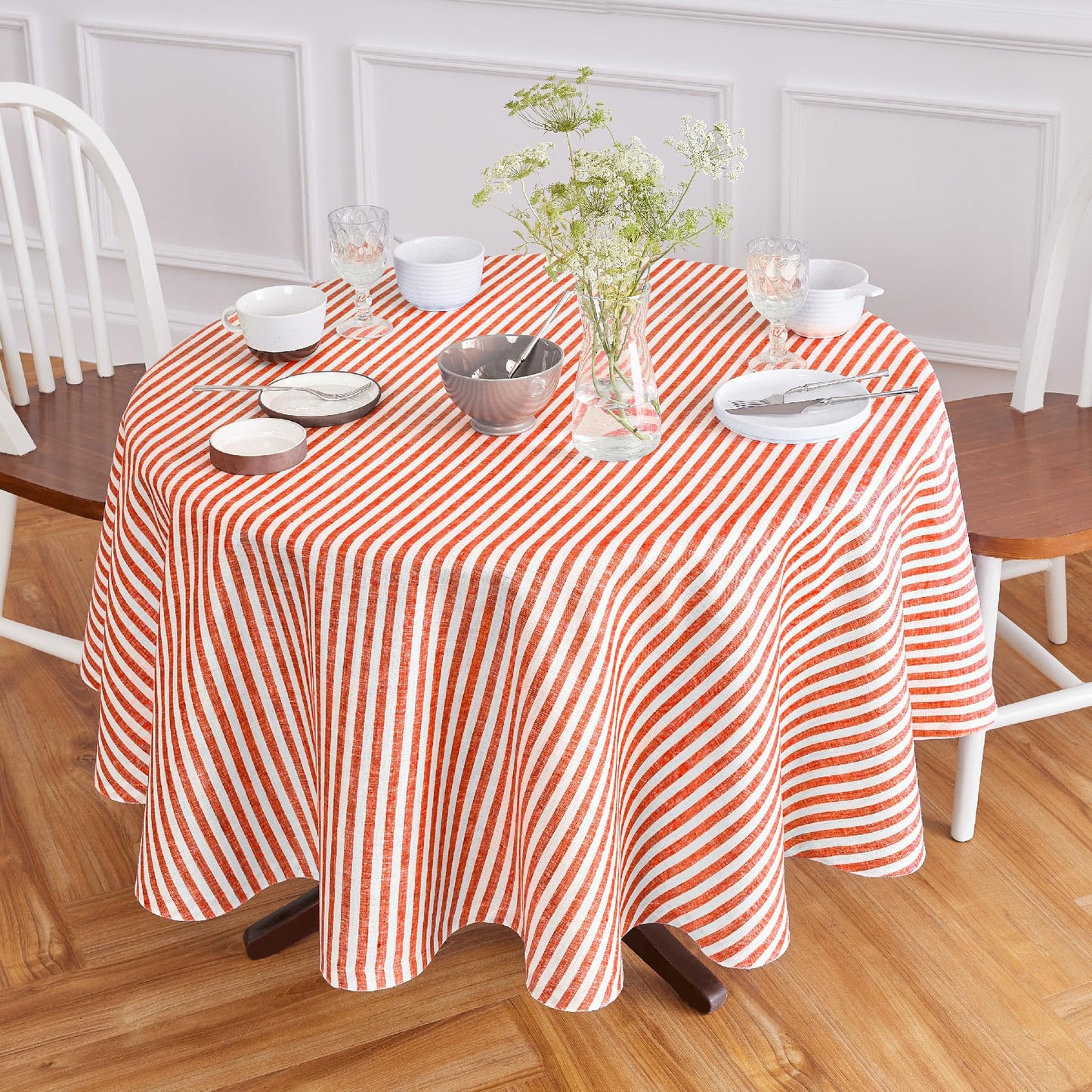 Solino Home 100% Linen Table Cloth, Throw, 52 x 52 in, Coral, Amalfi Stripe | Striped Linen Tablecloth a neat topper for bistro, card and side tables | Coral and White | Pure Linen | OEKO-TEX Certified BST326SOLH