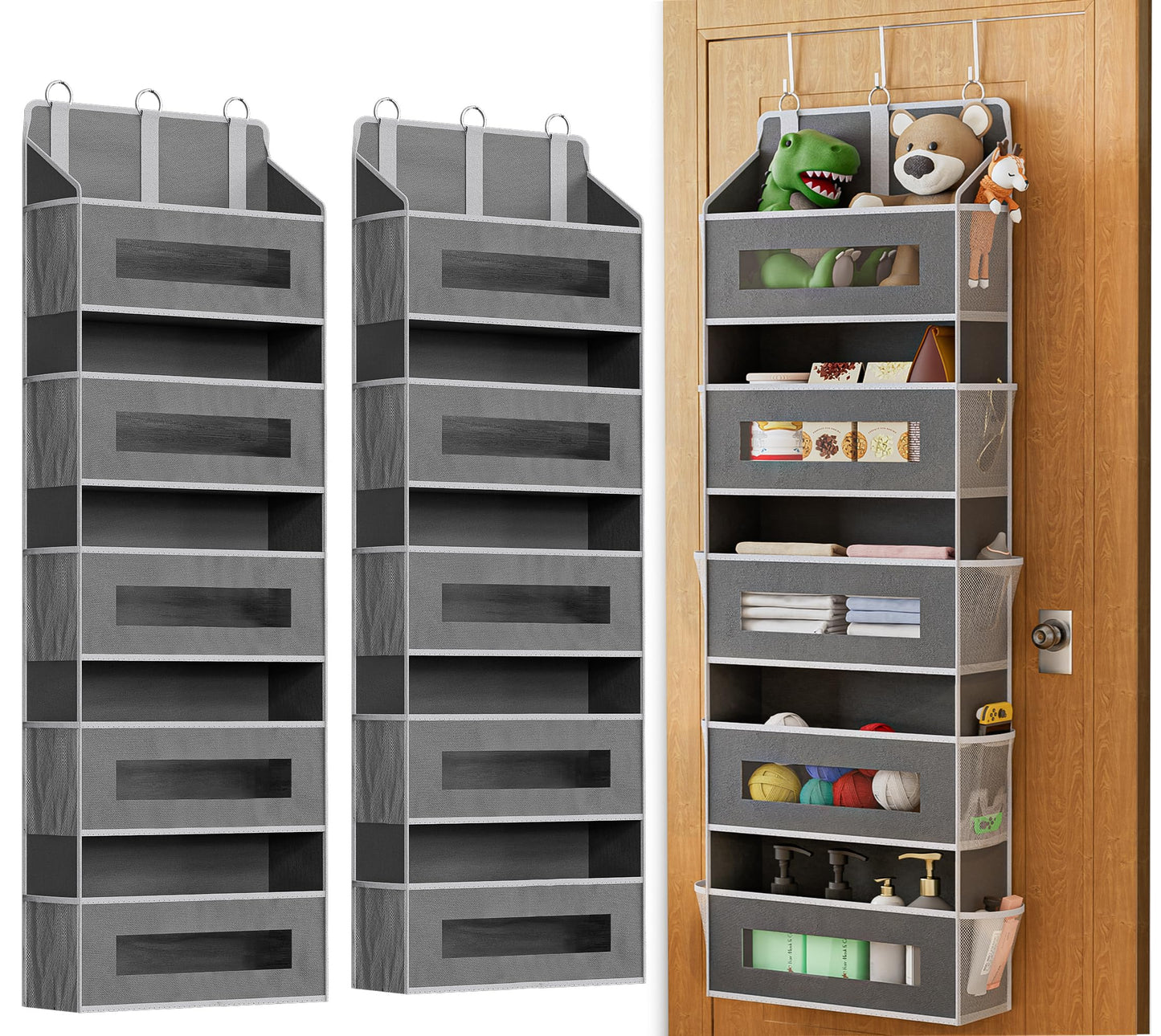 5 Tier Over The Door Organizer - Large Capacity Behind Door Hanging Shelves with 10 Mesh Pockets and Clear Windows, Closet Organizers and Storage for Bathroom, Bedroom, Nursery, Grey BST326H