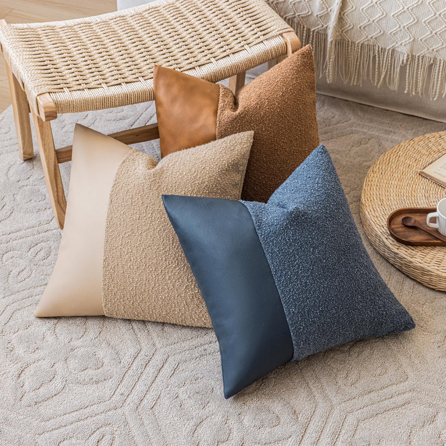 Set of 2 Fluffy Boucle Pillow Covers 18"x18", Oatmeal Textured Throw Pillow Covers with Faux Leather Accents, Boho Decorative Pillow Cases for Couch, Bed, or Farmhouse Home Decor BST220