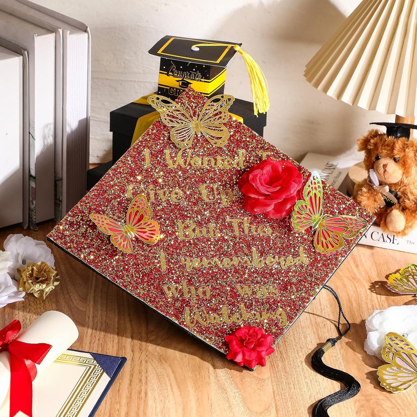 Gersoniel Graduation Cap Decorations 3 Sheets Bling Rhinestone Stickers 10 x 10 Inch Self-adhesive for Grad Hat Topper Craft DIY(Gold,Red) WN420