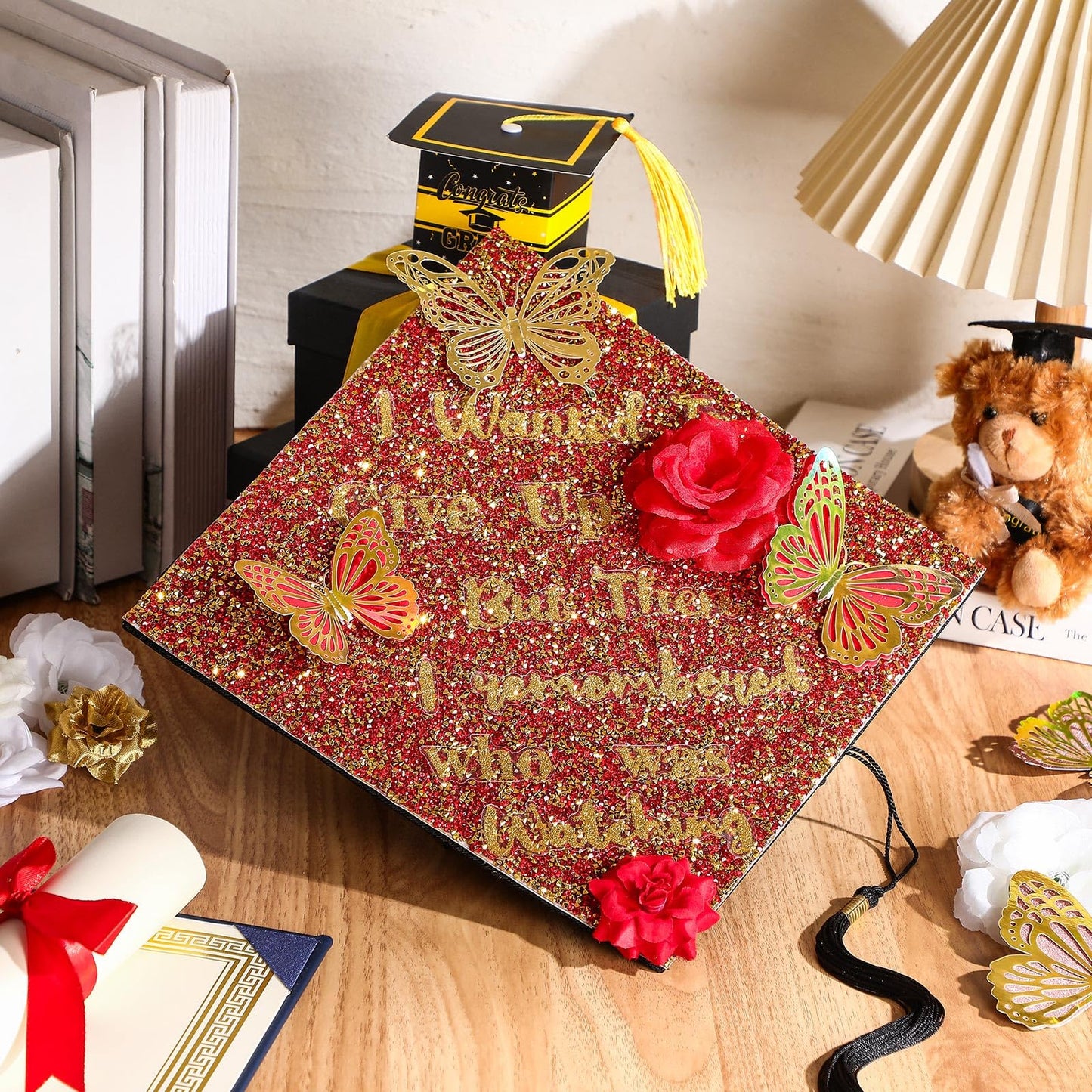 Gersoniel Graduation Cap Decorations 3 Sheets Bling Rhinestone Stickers 10 x 10 Inch Self-adhesive for Grad Hat Topper Craft DIY(Gold,Red) WN420