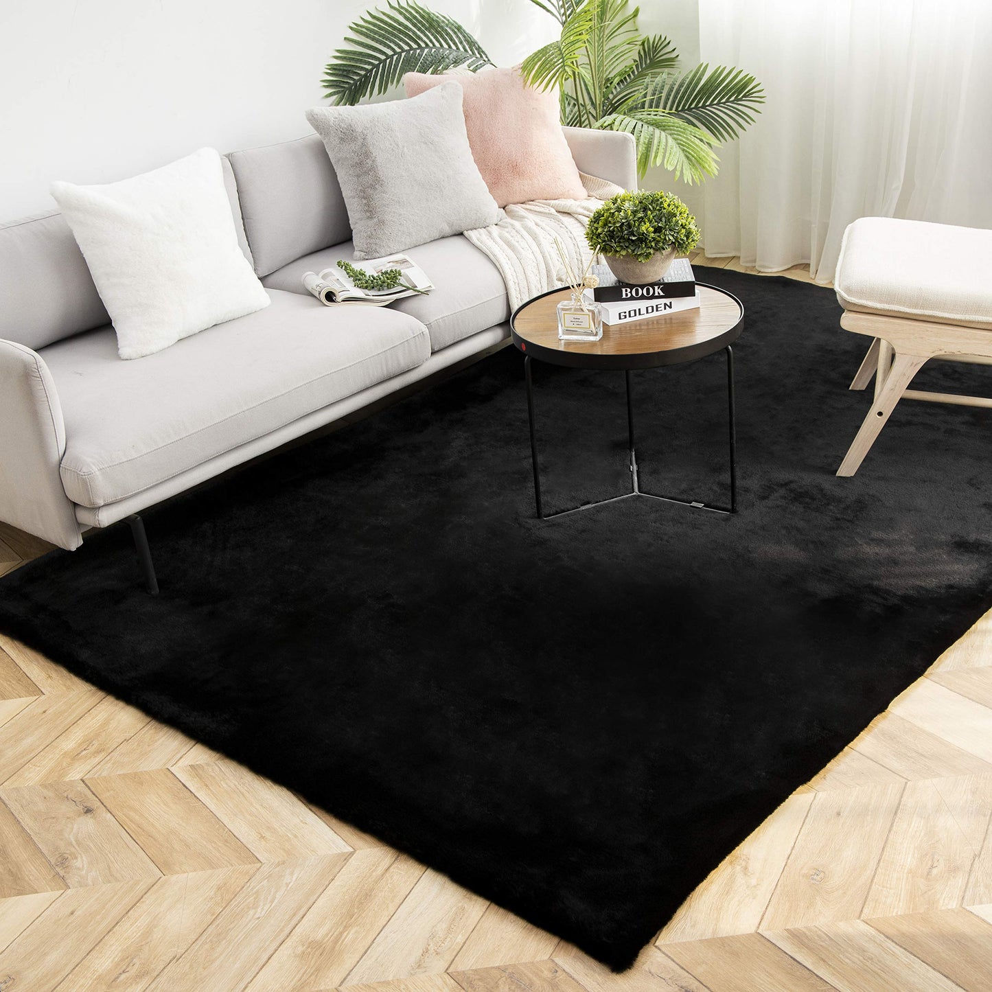 Ashler Faux Fur Rug, Ultra Soft Faux Rabbit Fur, Beige Area Rugs, 3 x 3 Feet Round, Machine Washable Nursery Decor Throw Rugs for Bedroom, Kids Room, Living Room BST326H