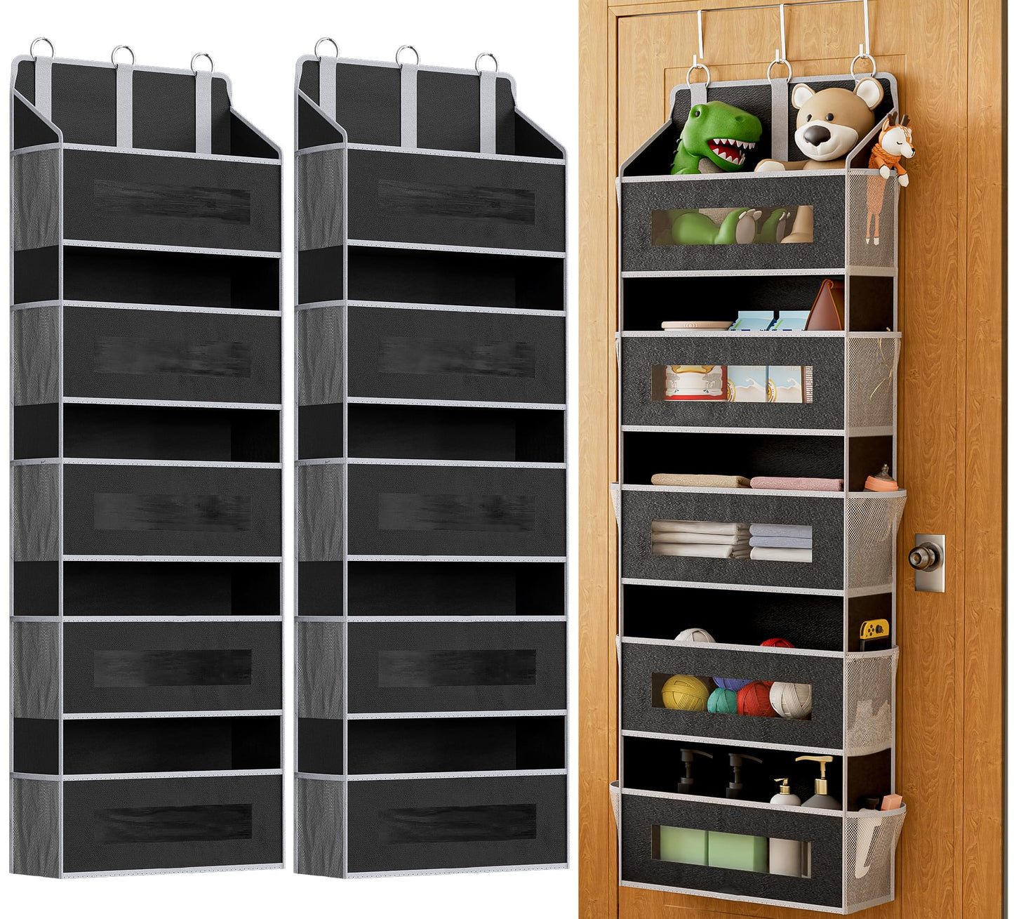 5 Tier Over The Door Organizer - Large Capacity Behind Door Hanging Shelves with 10 Mesh Pockets and Clear Windows, Closet Organizers and Storage for Bathroom, Bedroom, Nursery, Grey BST326H