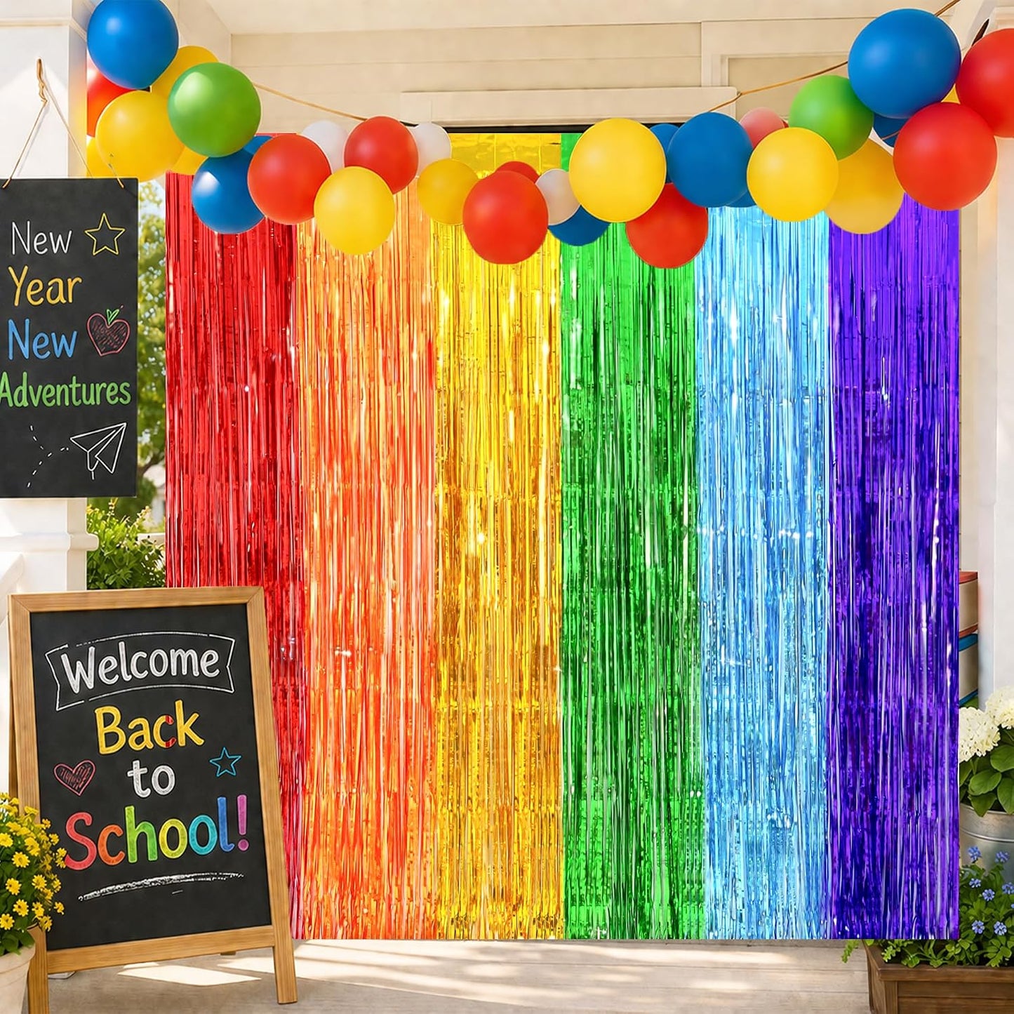Back to School Decorations, 3.2x8.2 FT Thicken Rainbow Party Streamers Foil Fringe Backdrop Curtains 4 Pack BST326H