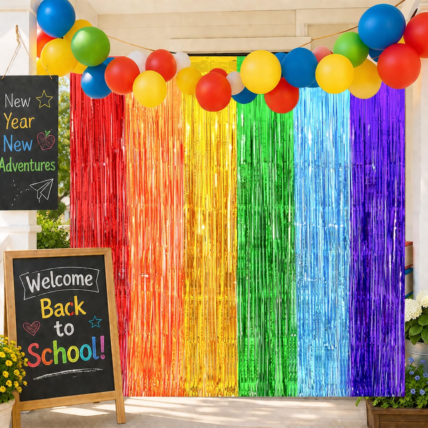 Back to School Decorations, 3.2x8.2 FT Thicken Rainbow Party Streamers Foil Fringe Backdrop Curtains 4 Pack BST326H