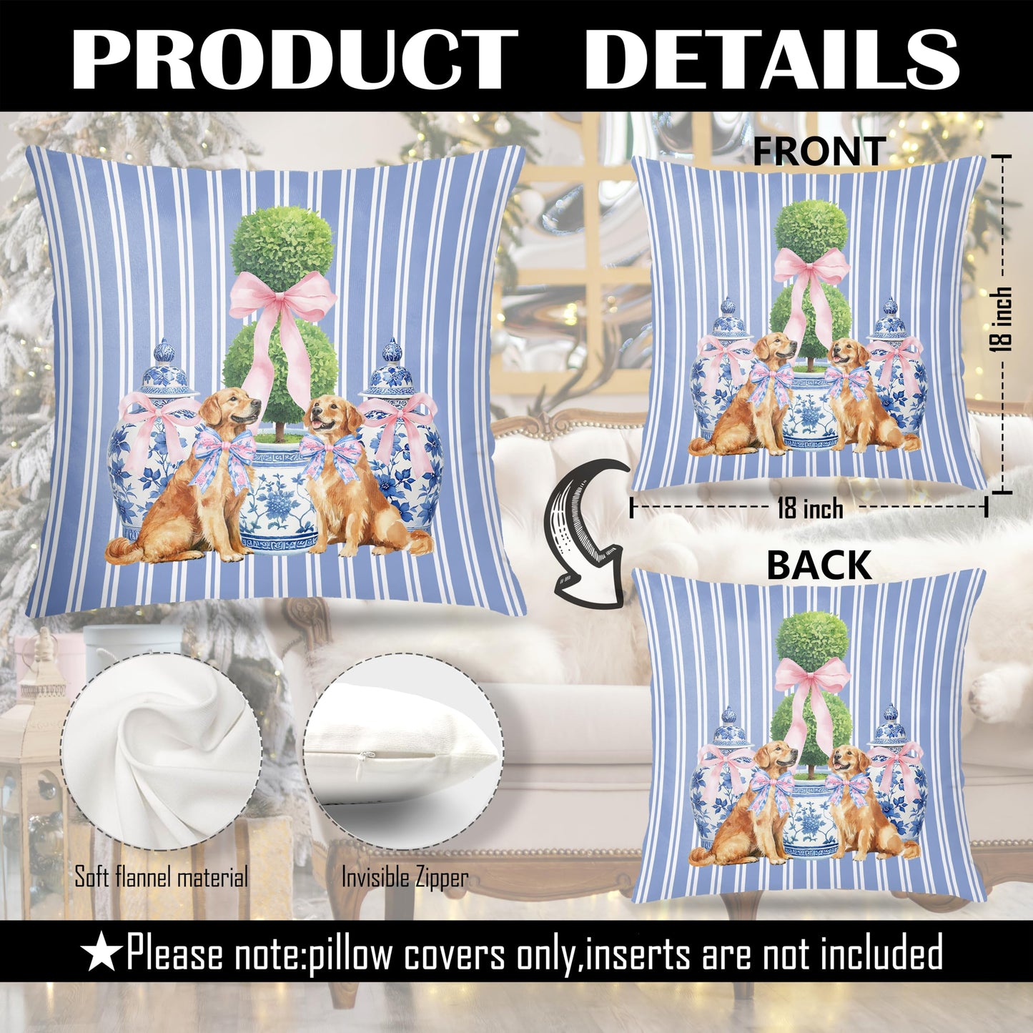 Coquette Pink Chinoiserie Bow Dachshund Pillow Covers 18x18, Dachshund Gifts for Women, Preppy Pink Striped Cute Weiner Dog Decorative Pillow Covers for Girls Bedroom Living Room Home BST202