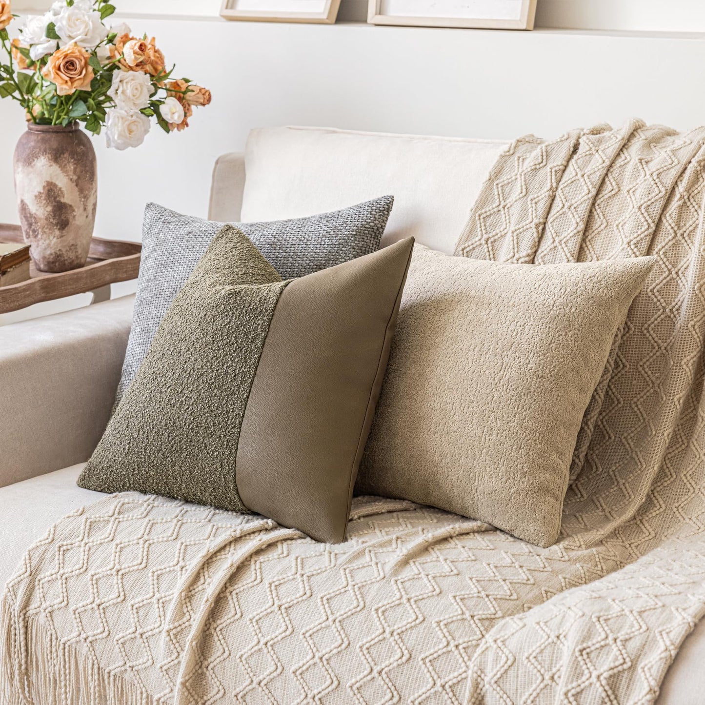 Set of 2 Fluffy Boucle Pillow Covers 18"x18", Oatmeal Textured Throw Pillow Covers with Faux Leather Accents, Boho Decorative Pillow Cases for Couch, Bed, or Farmhouse Home Decor BST220