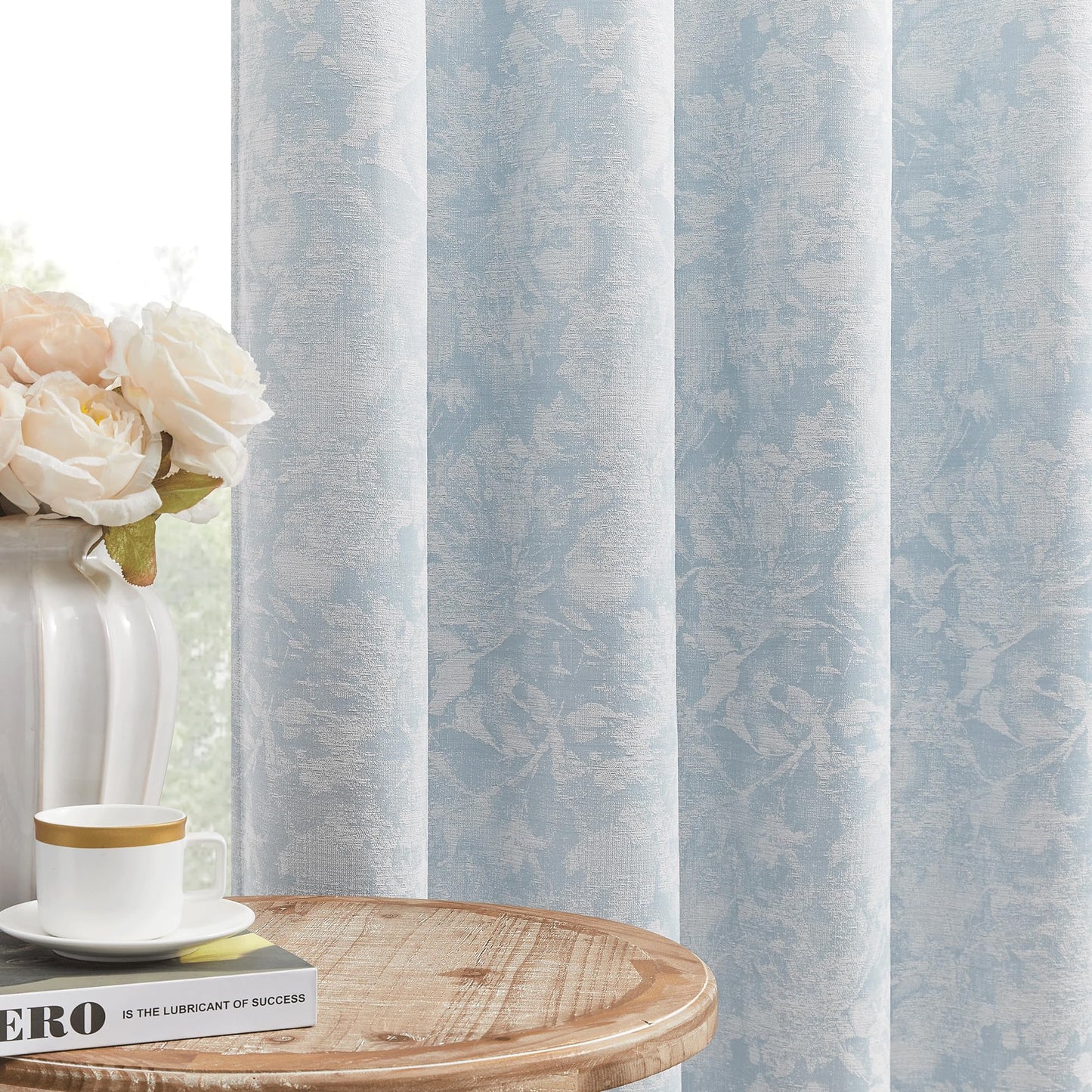 Beauoop Green Floral Jacquard Blackout Curtains 90 Inches Long 2 Panels for Bedroom Living Room Sage Flower Chenille Room Darkening Thermal Insulated Soundproof Grommet Window Treatments Drapes, 52x90 BST220
