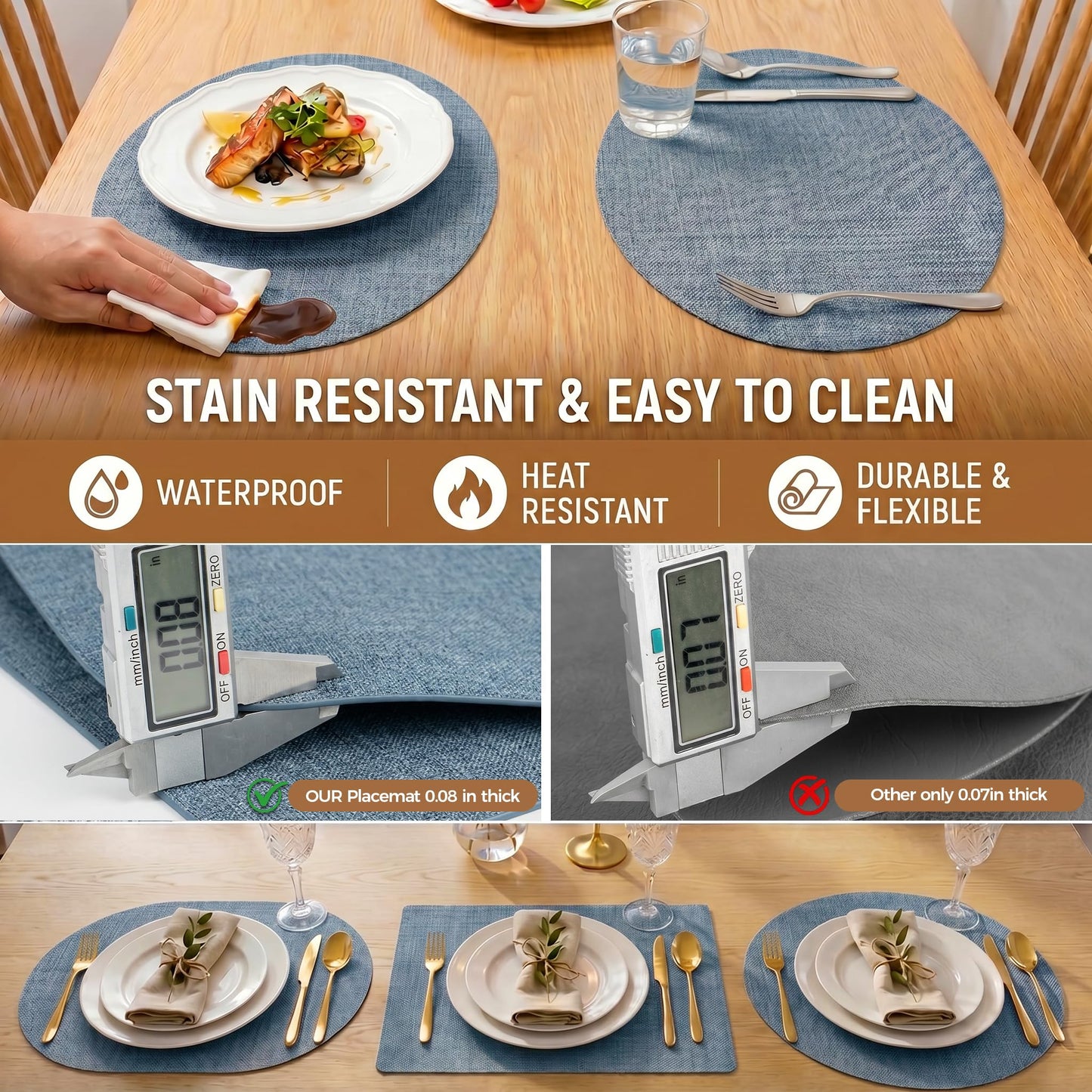 Faux Leather Placemats Set of 6, Wipeable Waterproof Stain Resistant Table Mats, Heat Resistant Thick Placemats with Hand-Painted Edges for Kitchen Dining, Imitative Linen Texture, Various Shapes BST326H