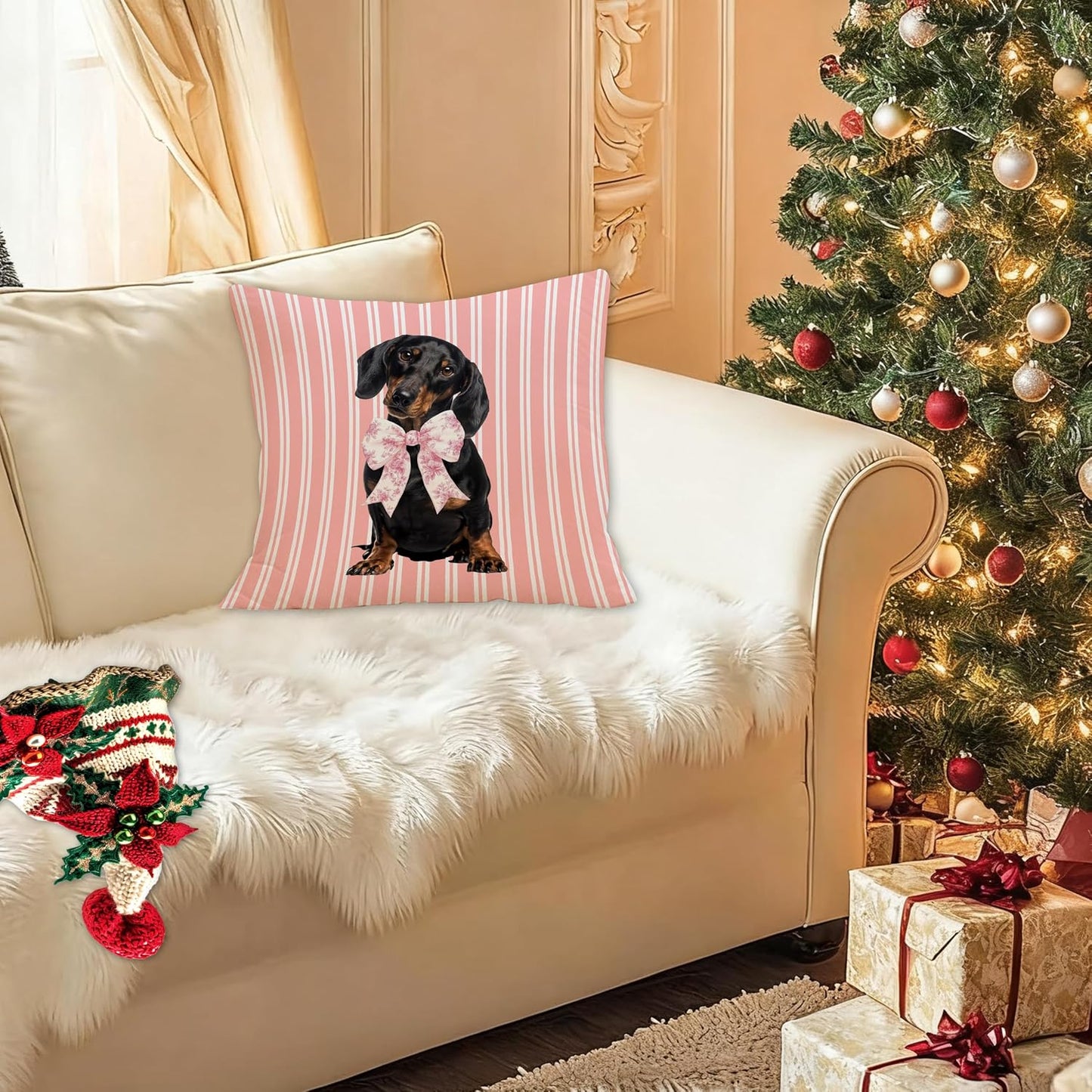 Coquette Pink Chinoiserie Bow Dachshund Pillow Covers 18x18, Dachshund Gifts for Women, Preppy Pink Striped Cute Weiner Dog Decorative Pillow Covers for Girls Bedroom Living Room Home BST202