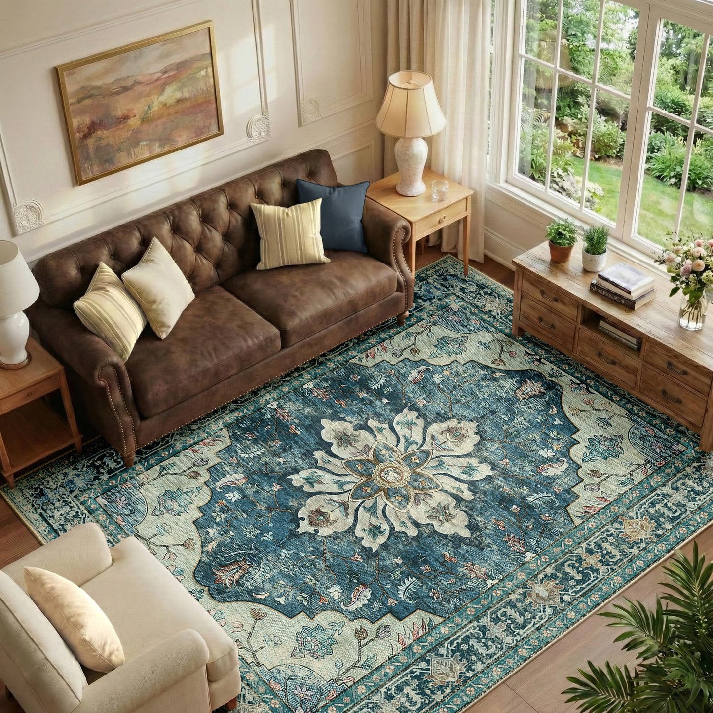 RELEANY Area Rugs Runner 2'x6' Washable Non-Slip, Floral Vintage Distress Medallion Carpet for Kitchen Hallway Bedroom Beside Laundry Room Bathroom, Teal Green Lake Blue Turquoise DD1210