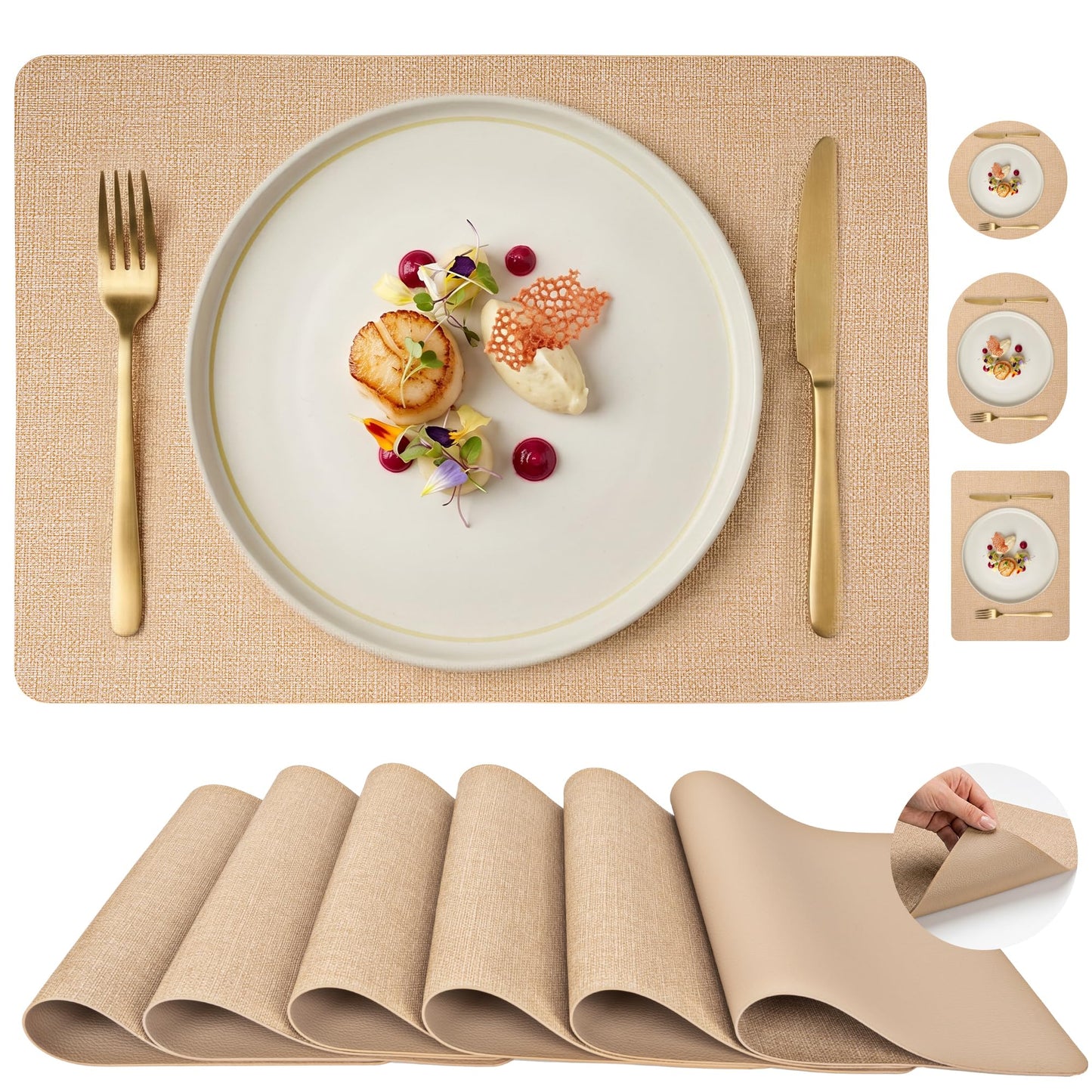Faux Leather Placemats Set of 6, Wipeable Waterproof Stain Resistant Table Mats, Heat Resistant Thick Placemats with Hand-Painted Edges for Kitchen Dining, Imitative Linen Texture, Various Shapes BST326H