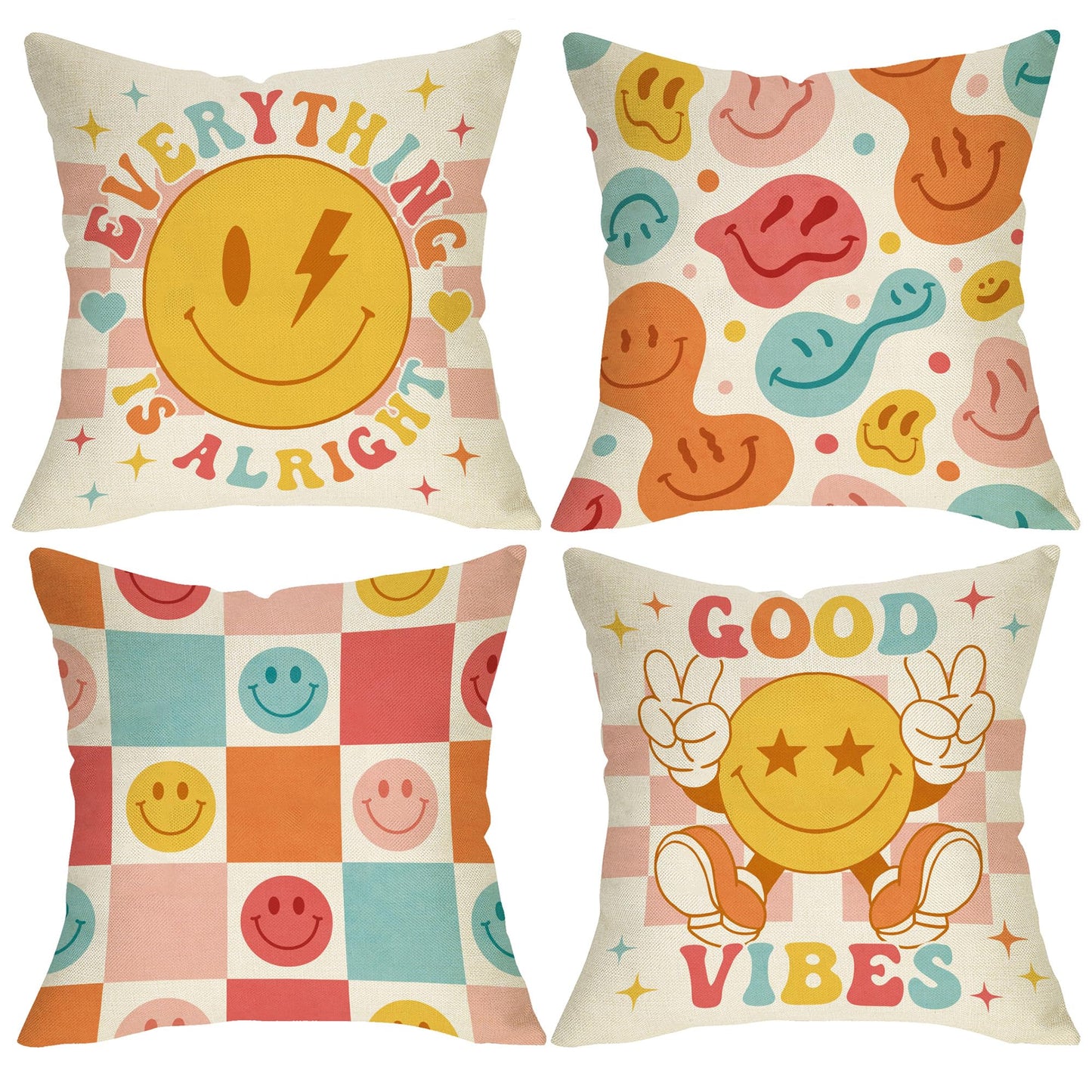 Groovy Smiling Face Inspirational Decorative Throw Pillow Covers | 20 x 20 Set of 4, Pink Hippie Smile Flower Porch Outdoor Home Decor, Motivational Quote Everything is Alright Couch Cushion BST202