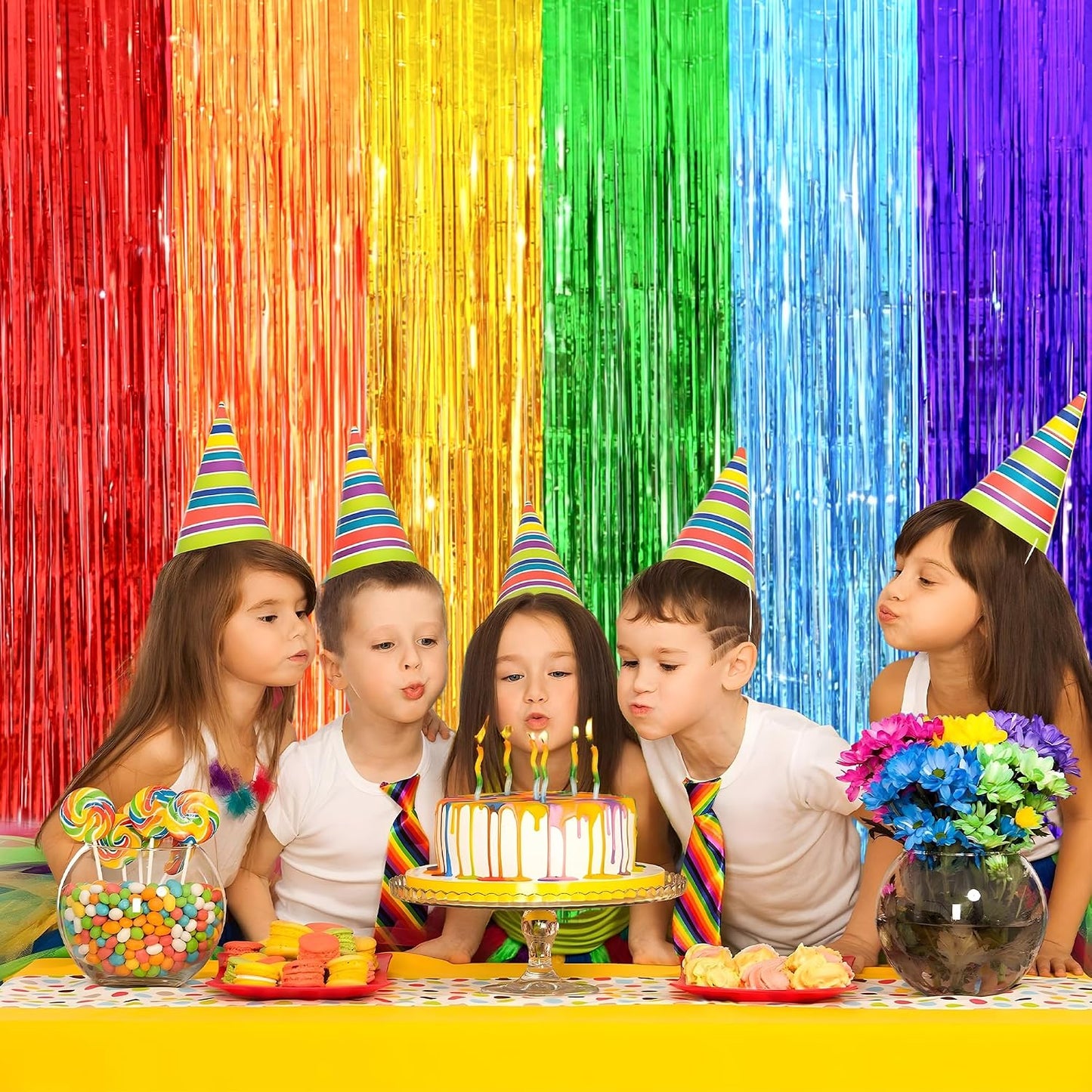 Back to School Decorations, 3.2x8.2 FT Thicken Rainbow Party Streamers Foil Fringe Backdrop Curtains 4 Pack BST326H