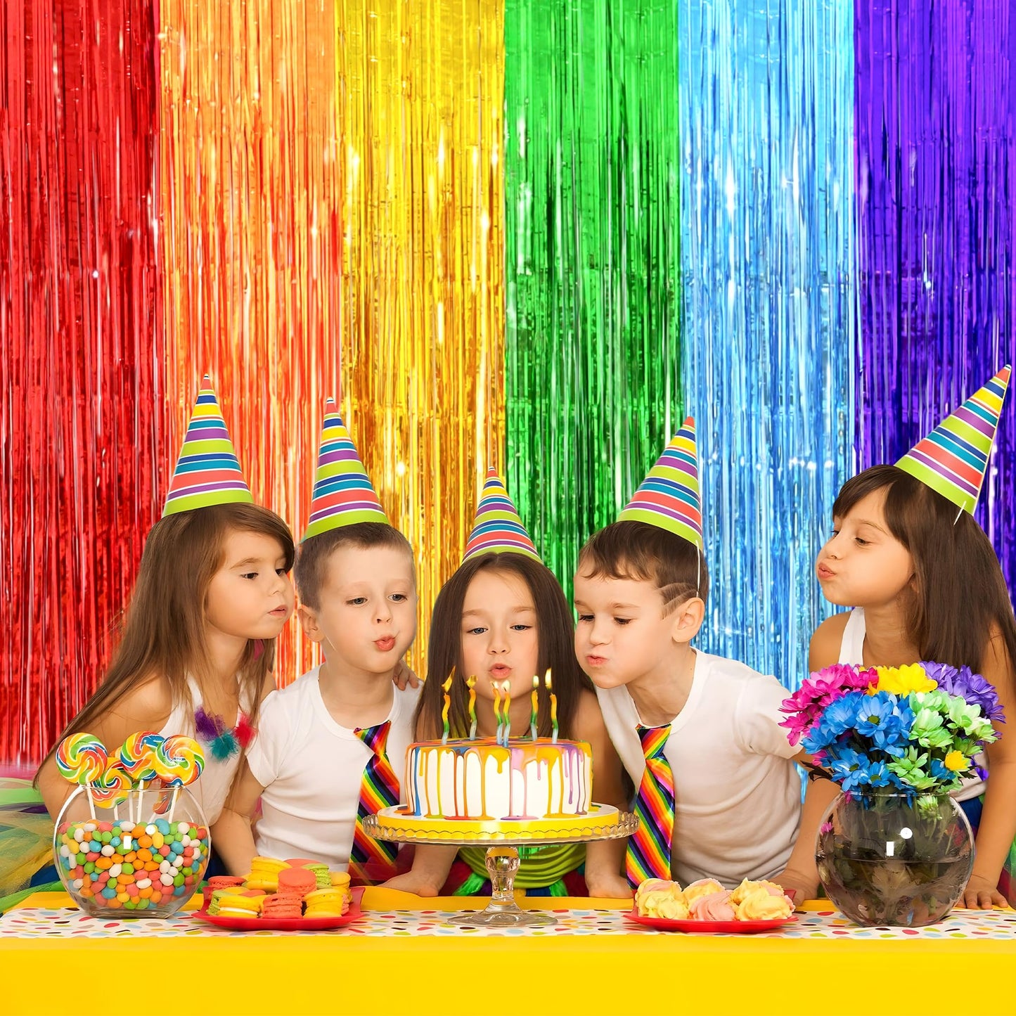 Back to School Decorations, 3.2x8.2 FT Thicken Rainbow Party Streamers Foil Fringe Backdrop Curtains 4 Pack BST326H