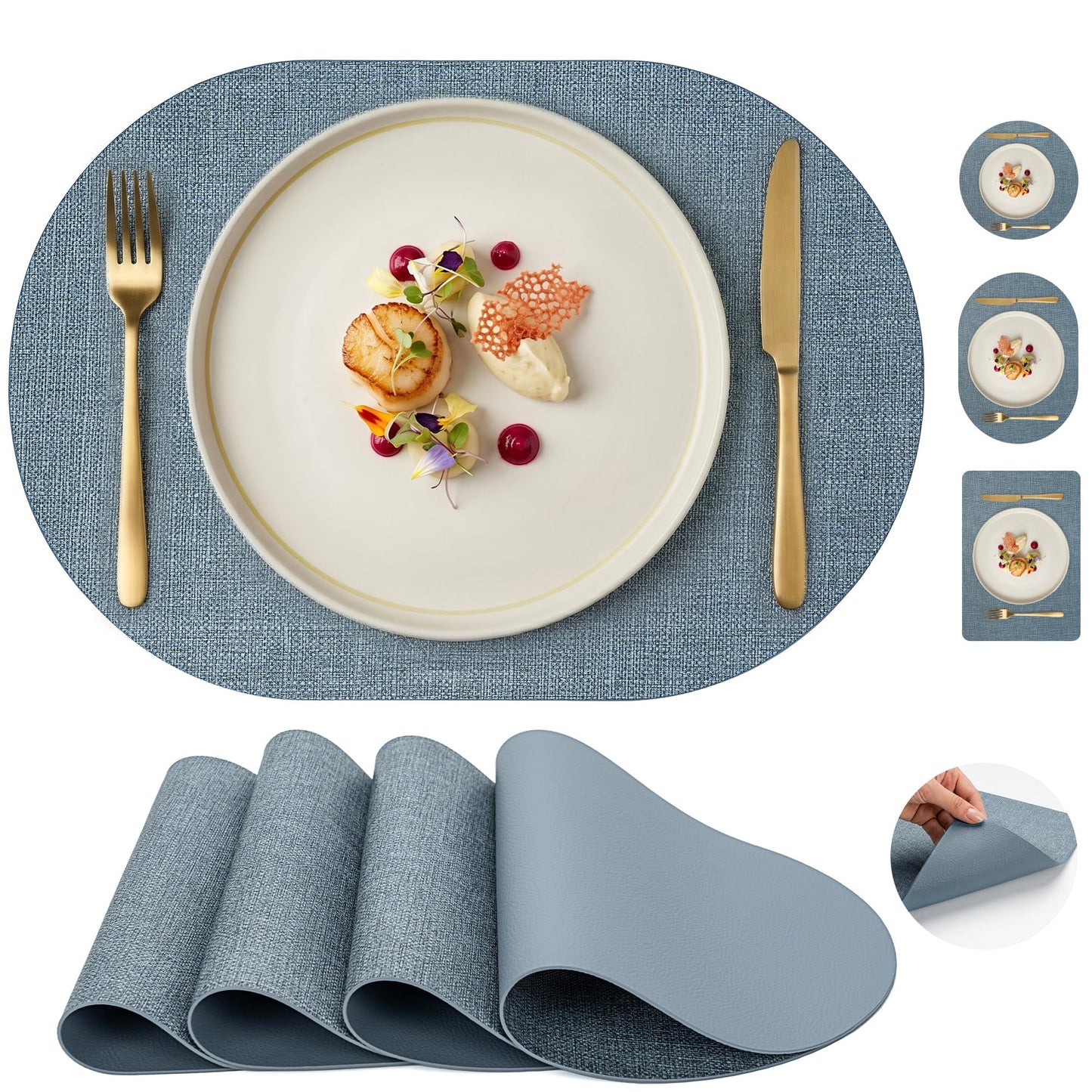 Faux Leather Placemats Set of 6, Wipeable Waterproof Stain Resistant Table Mats, Heat Resistant Thick Placemats with Hand-Painted Edges for Kitchen Dining, Imitative Linen Texture, Various Shapes BST326H