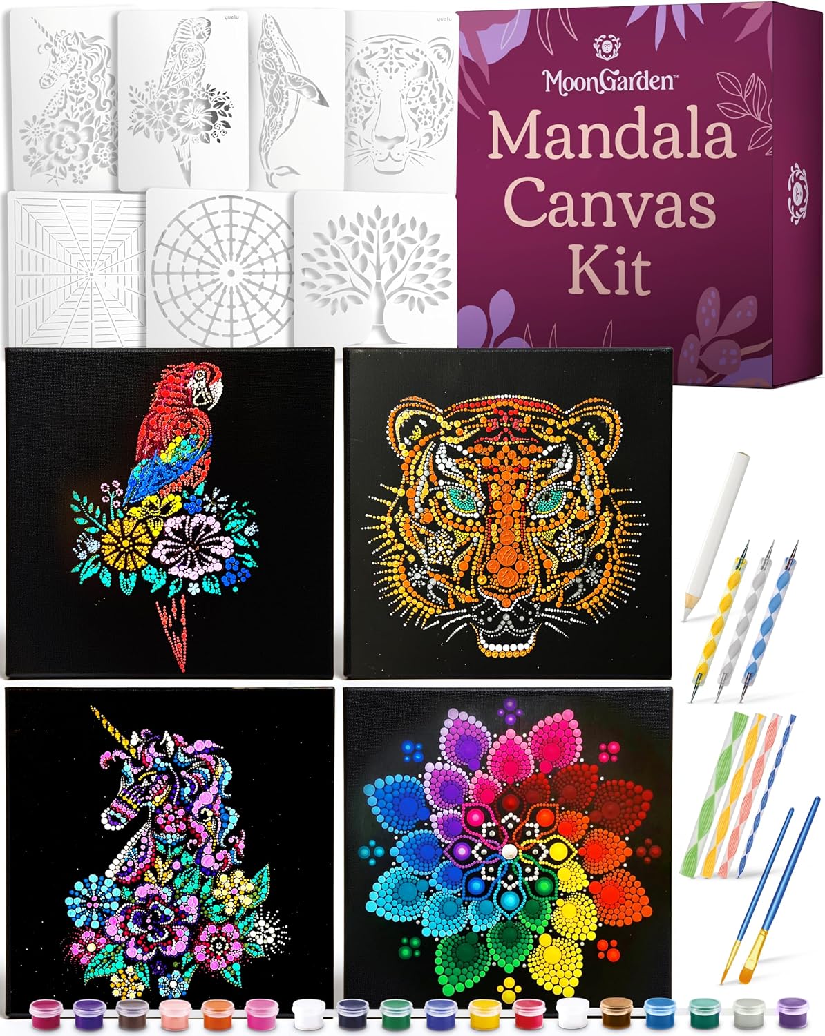 MoonGarden Mandala Dot Painting Canvas Kit – Complete Canvas Art Set with Stencils, Acrylic Paint, Dotting Tools & Canvases – Mindful DIY Craft Kit for Adults - Relaxing and Creative Activity BST326H