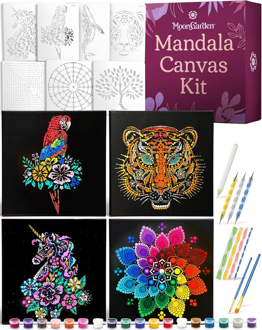 MoonGarden Mandala Dot Painting Canvas Kit – Complete Canvas Art Set with Stencils, Acrylic Paint, Dotting Tools & Canvases – Mindful DIY Craft Kit for Adults - Relaxing and Creative Activity BST326H