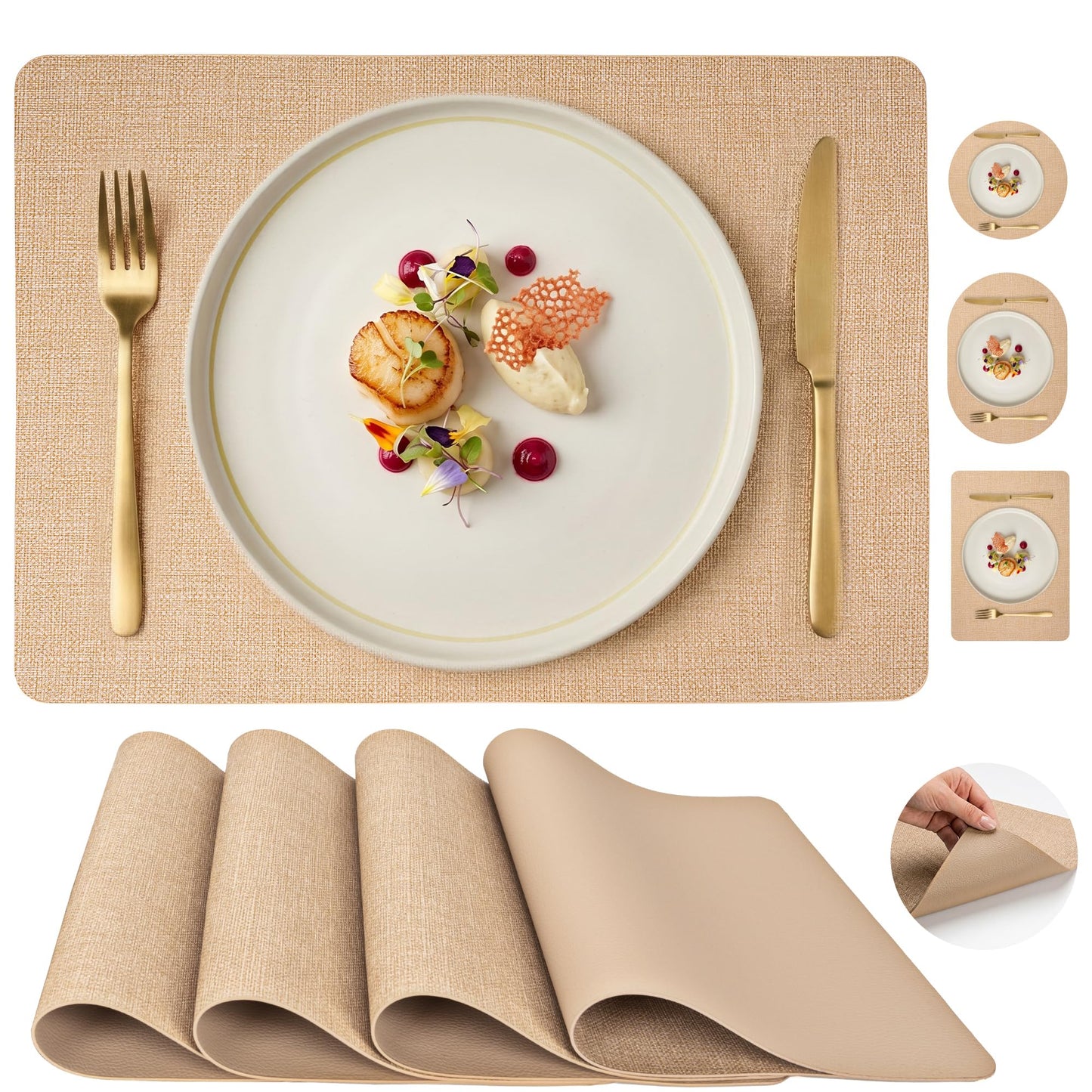 Faux Leather Placemats Set of 6, Wipeable Waterproof Stain Resistant Table Mats, Heat Resistant Thick Placemats with Hand-Painted Edges for Kitchen Dining, Imitative Linen Texture, Various Shapes BST326H