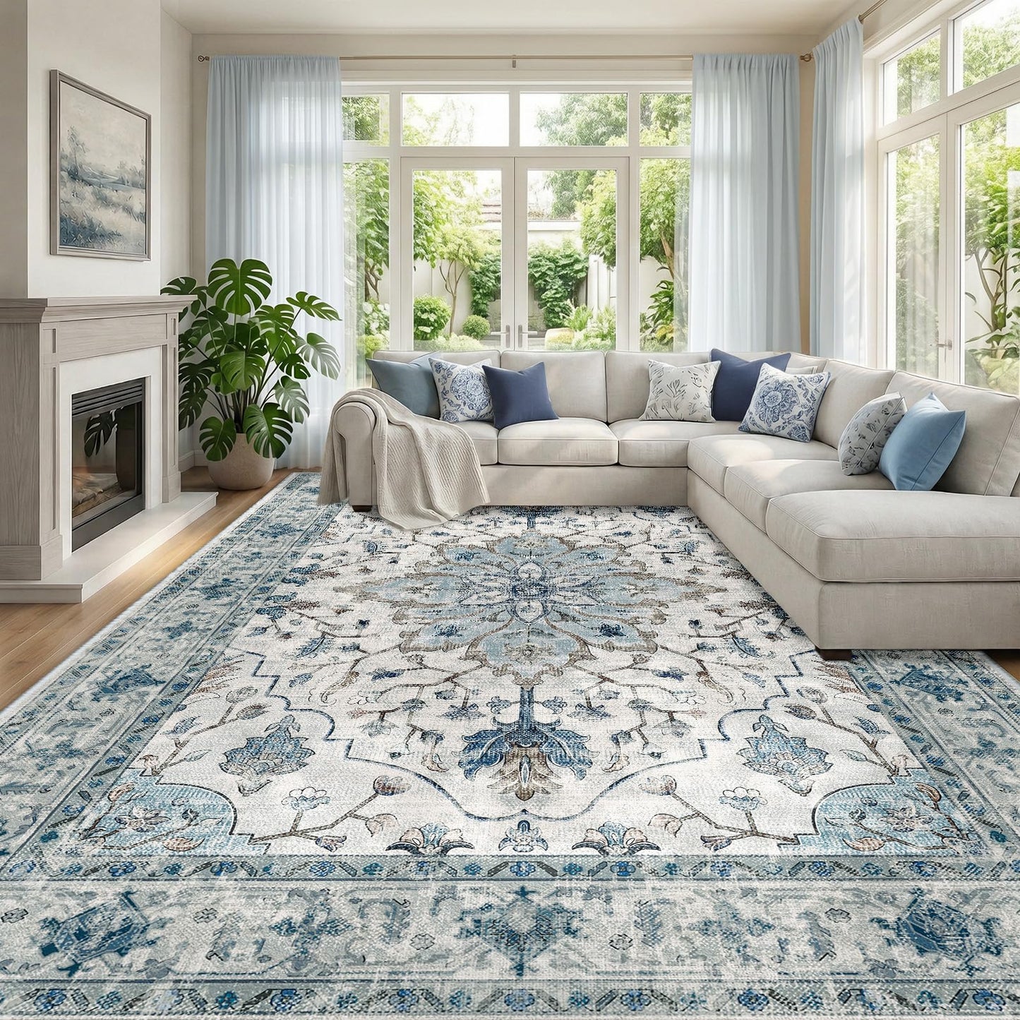RELEANY Area Rugs Runner 2'x6' Washable Non-Slip, Floral Vintage Distress Medallion Carpet for Kitchen Hallway Bedroom Beside Laundry Room Bathroom, Teal Green Lake Blue Turquoise DD1210