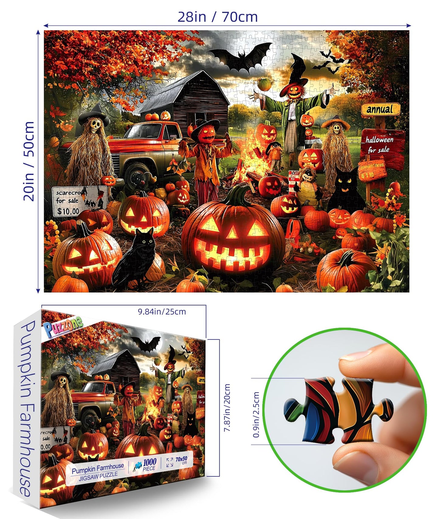 Halloween Puzzle 1000 Pieces for Adults Spooky Scarecrow Farm | Jigsaw Puzzles 1000 Pieces Autumn Horror Spooky with Pumpkin & Ghost Truck for Party Game Night, Dust-Free, 27.5"x19.7" WN420