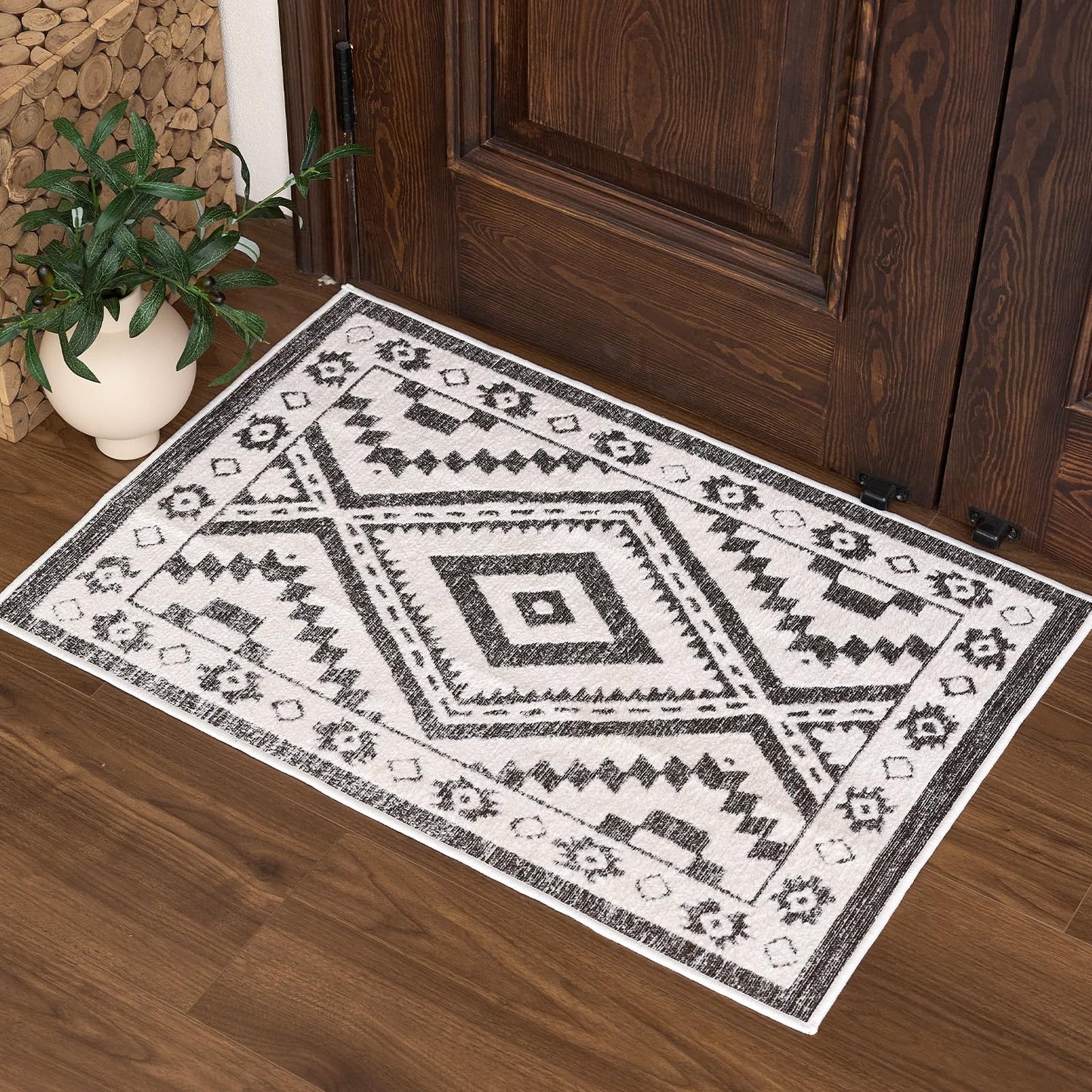 Moroccan Washable Area Rug 3x5, Geometric Tribal Decorative Woven Rug, Non-Slip Boho Farmhouse Soft Low-Pile Area Rug for Living Room Bedroom Nursery Dining Table, Dark Brown/White BST326H