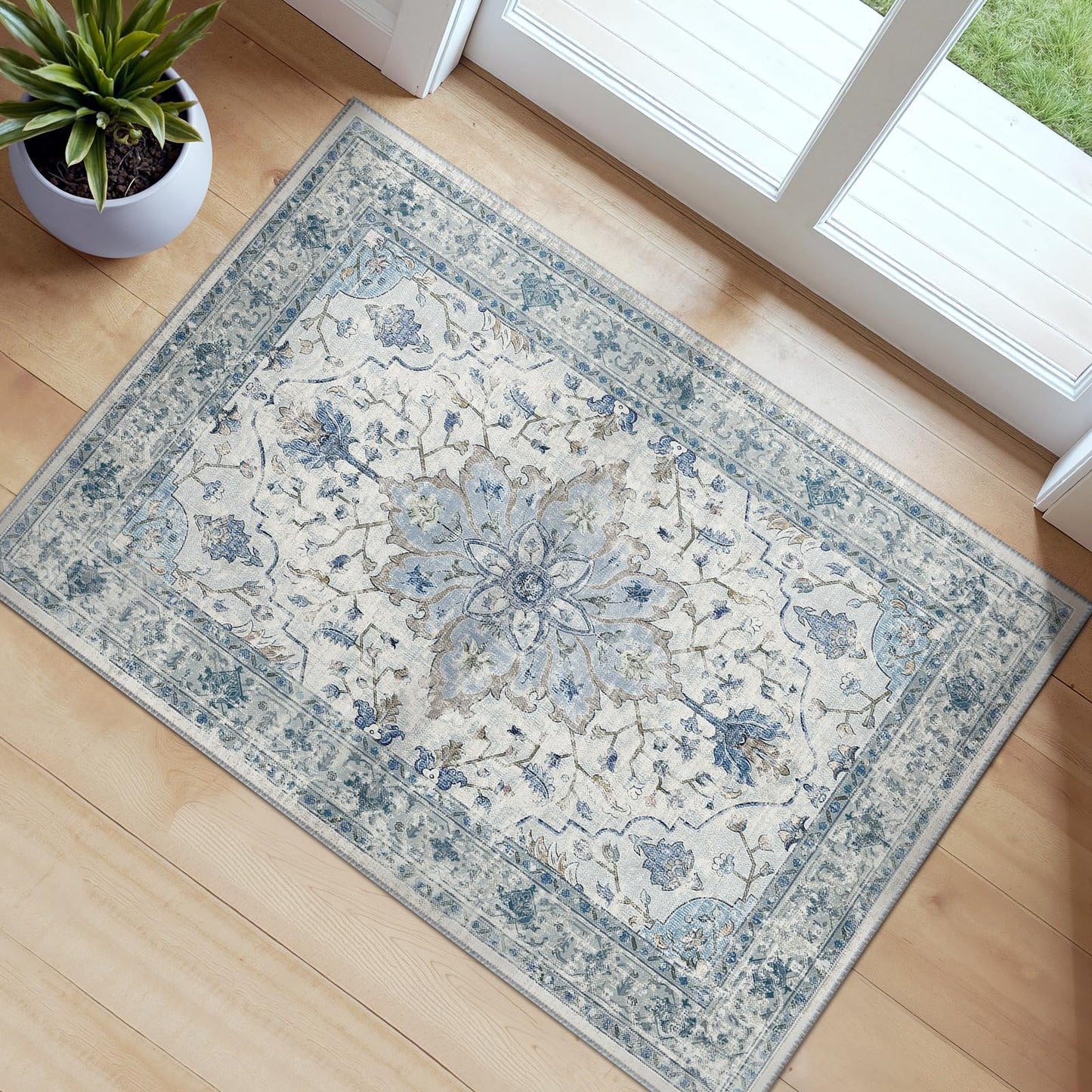 RELEANY Area Rugs Runner 2'x6' Washable Non-Slip, Floral Vintage Distress Medallion Carpet for Kitchen Hallway Bedroom Beside Laundry Room Bathroom, Teal Green Lake Blue Turquoise DD1210