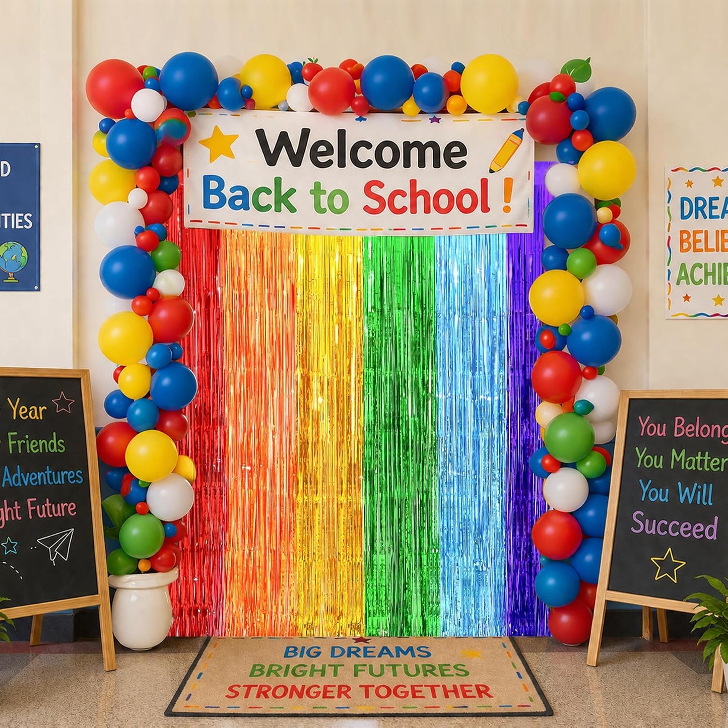 Back to School Decorations, 3.2x8.2 FT Thicken Rainbow Party Streamers Foil Fringe Backdrop Curtains 4 Pack BST326H