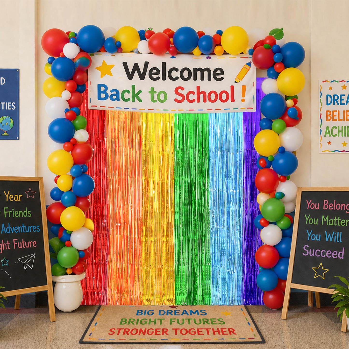 Back to School Decorations, 3.2x8.2 FT Thicken Rainbow Party Streamers Foil Fringe Backdrop Curtains 4 Pack BST326H