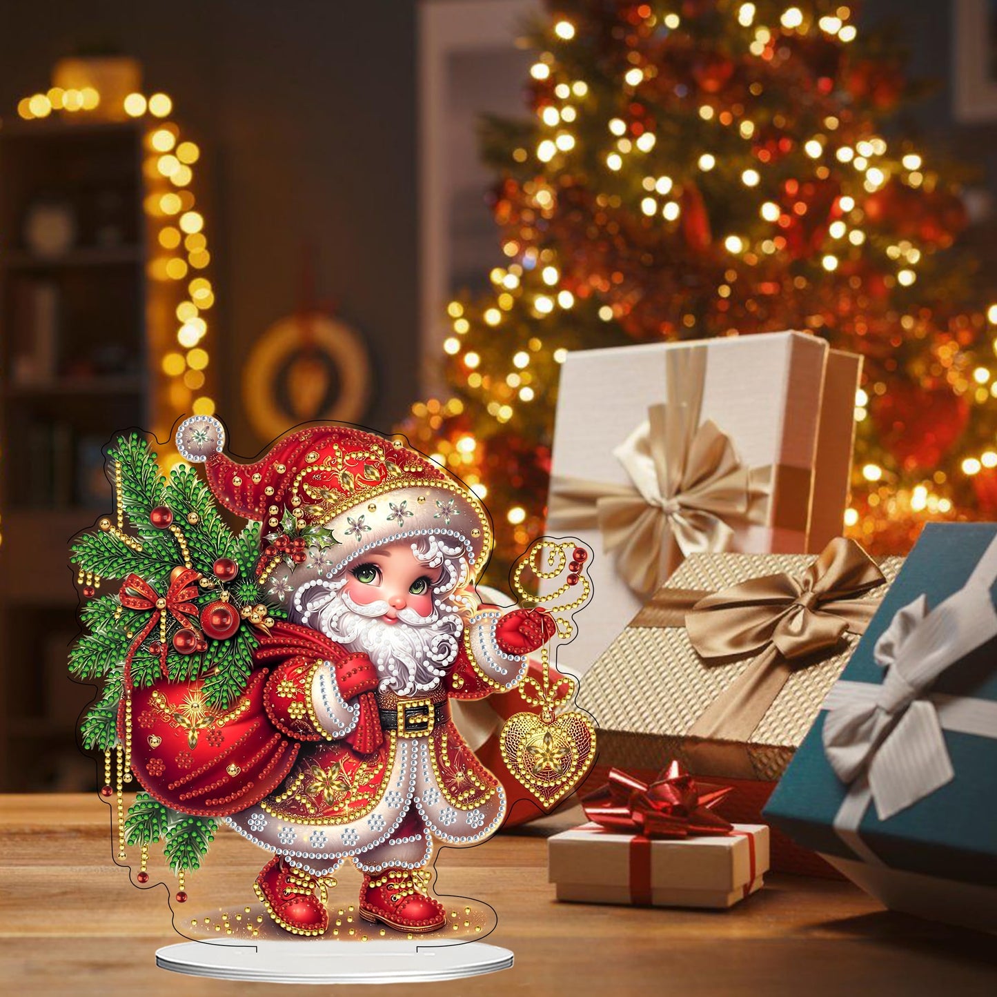 JJFox DIY 5D Tabletop Diamond Art Painting Kit， Desktop Ornament Special Shaped Rhinestone Desk Placement Ornament，Home Office Stand Up Gem Painting Craft Kit，Gift (Father Christmas-2) BST202