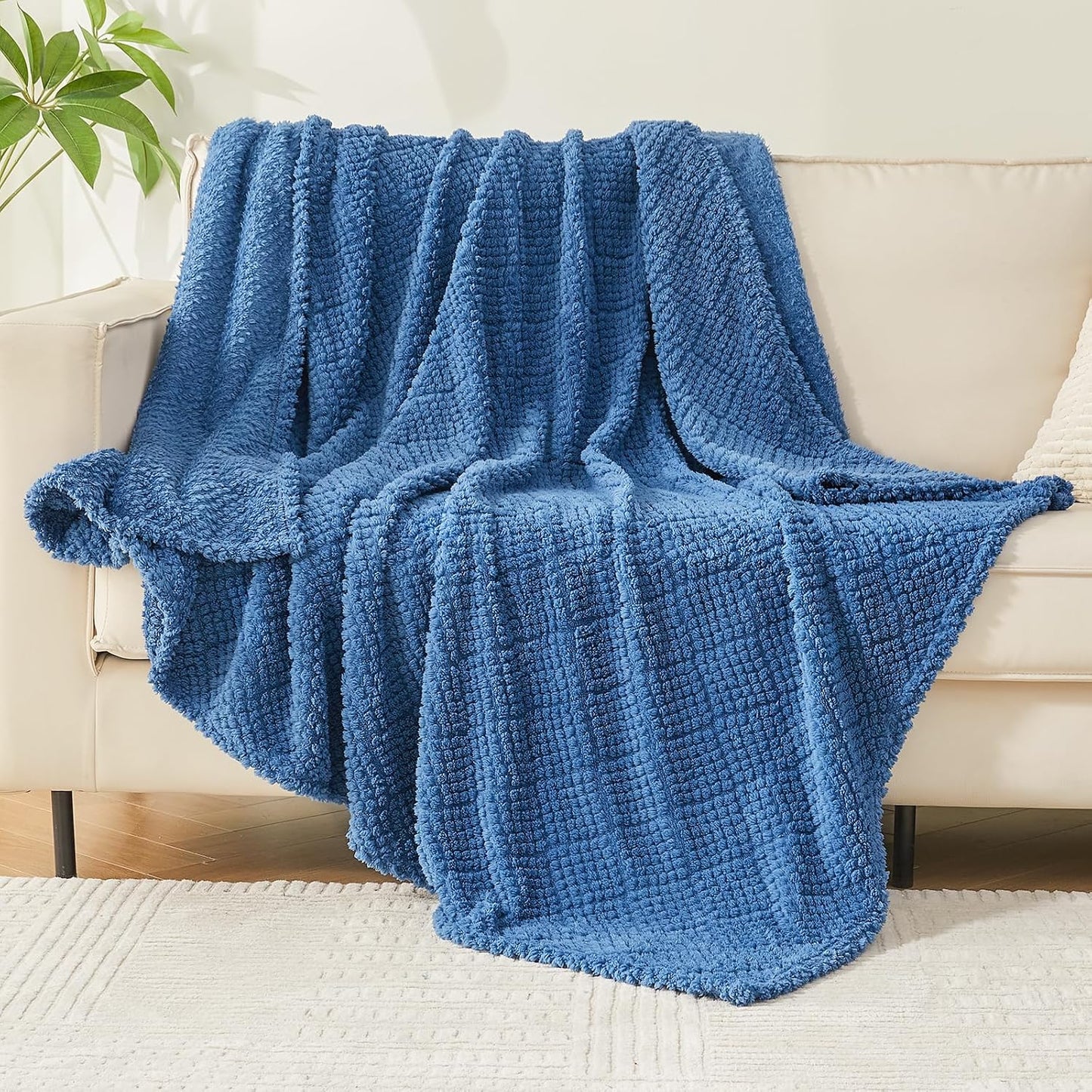 EMME Fleece Blanket, 3D Jacquard Throw Blanket for Couch and Bed, Soft Cozy and Fluffy Blankets Lightweight Luxury Flannel with Waffle Design (Navy Blue, 50" x 60") BST202