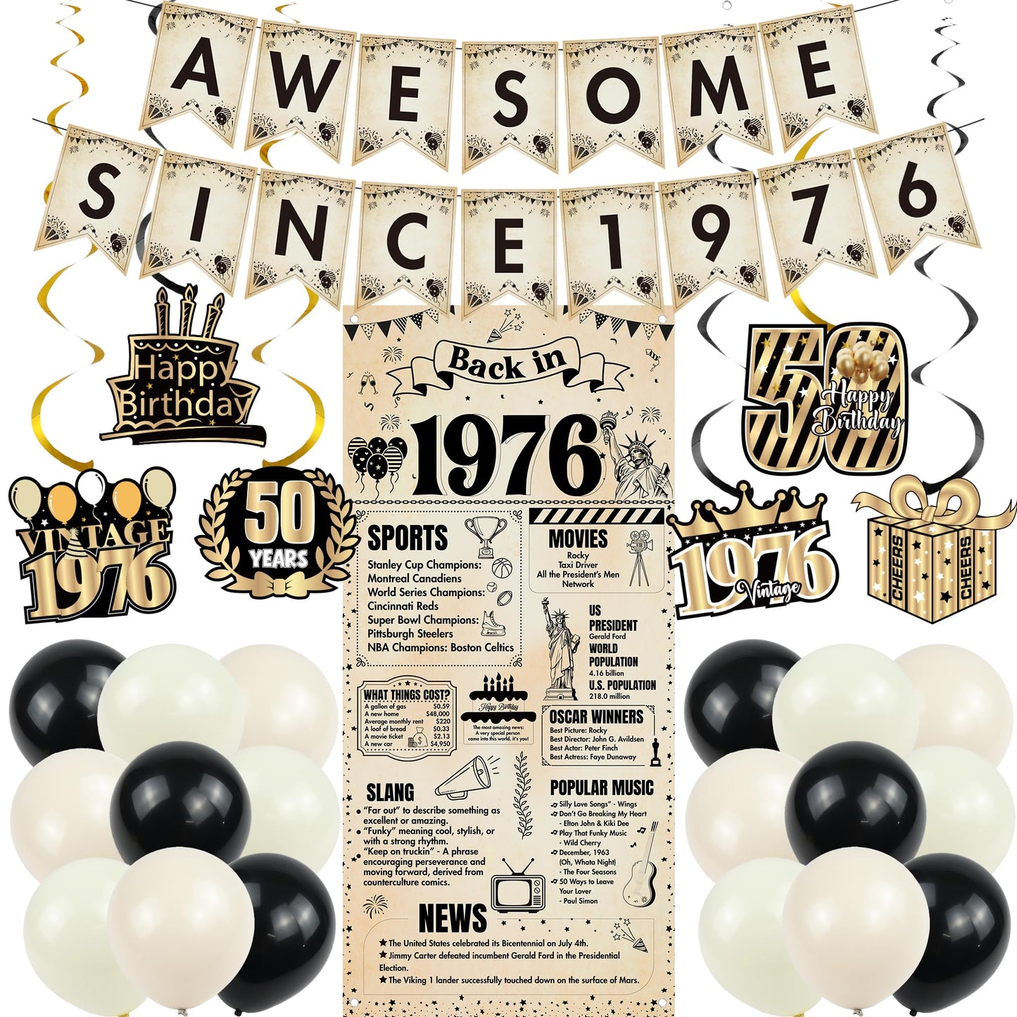 Happy 40th Birthday Decorations Men - 27 Pcs Retro Newspaper Theme Awesome Since 1986 Letter Banners Hanging Swirls Backdrop Latex Balloons for Men Women 40 Years Old Birthday Party Decor Supplies BST326L