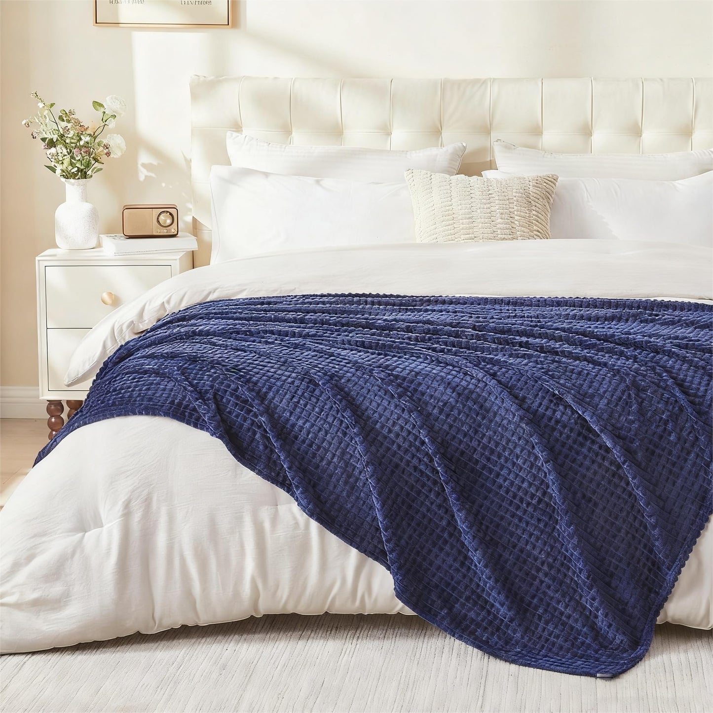 EMME Fleece Blanket, 3D Jacquard Throw Blanket for Couch and Bed, Soft Cozy and Fluffy Blankets Lightweight Luxury Flannel with Waffle Design (Navy Blue, 50" x 60") BST202