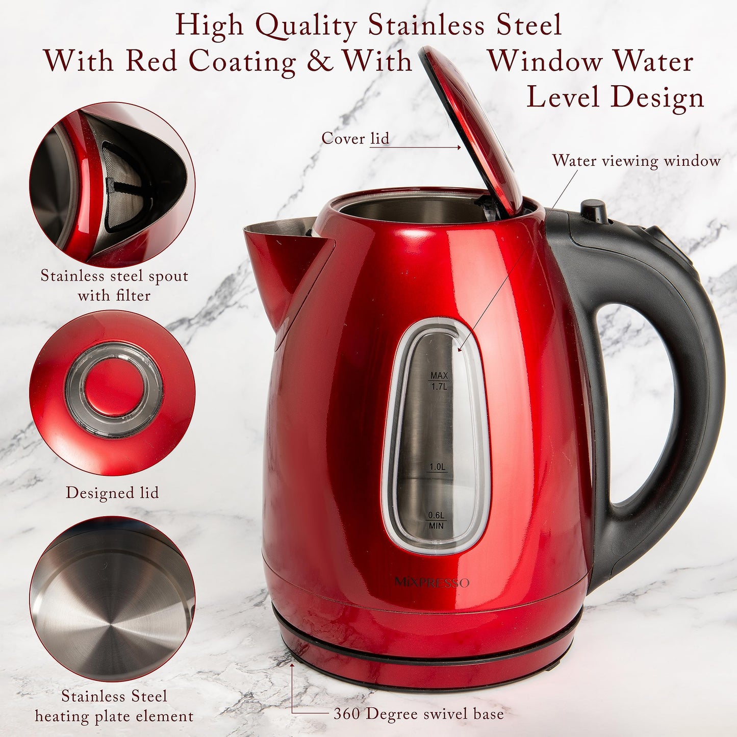 Mixpresso Electric Kettle Temperature Control, Hot Water Kettle Electric, Cordless 1 Liter Capacity, Keep Warm & LED Indicator, Auto-Shutoff, Boil-Dry Protection, Stainless Steel Electric Kettle BST220